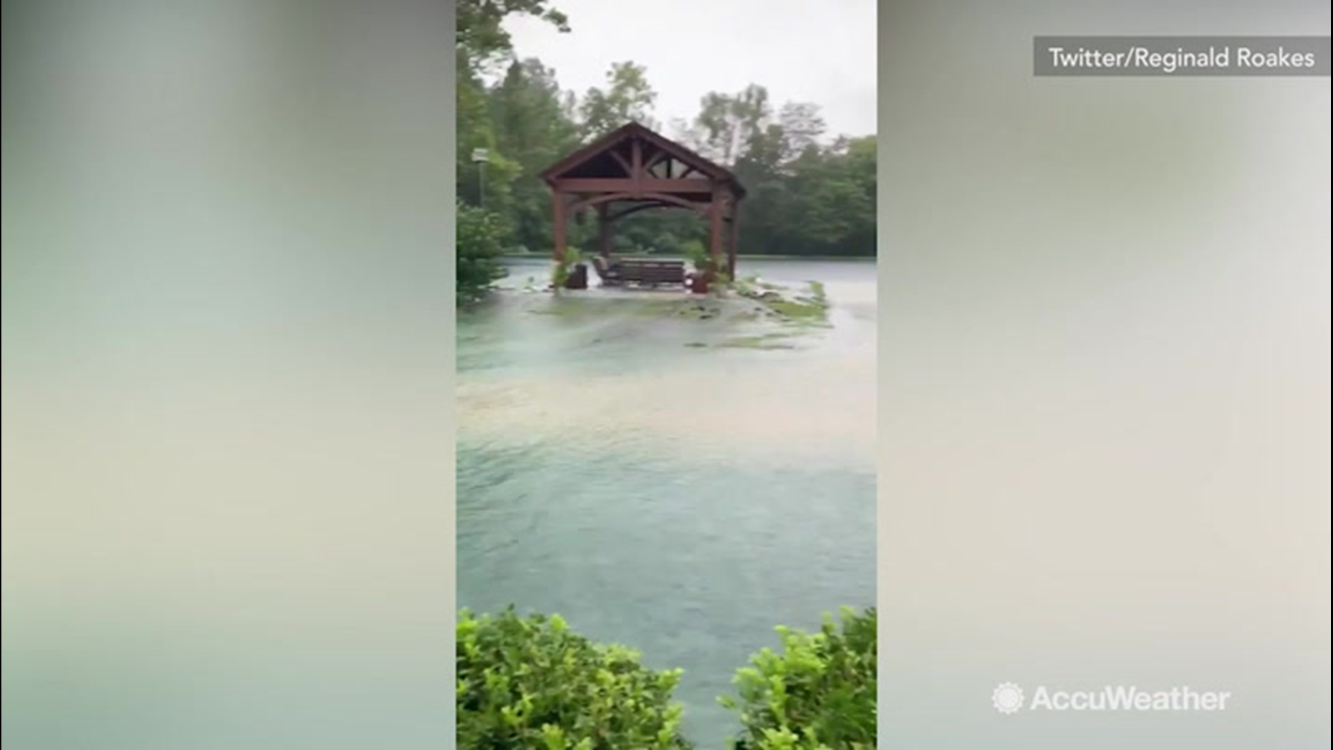 In this video, you can see a relaxing area drowned by flooding on July 16, in Gilted Edge, Tennesse. The National Weather Service in Memphis has issued an urban and small stream flood advisory for the area.
