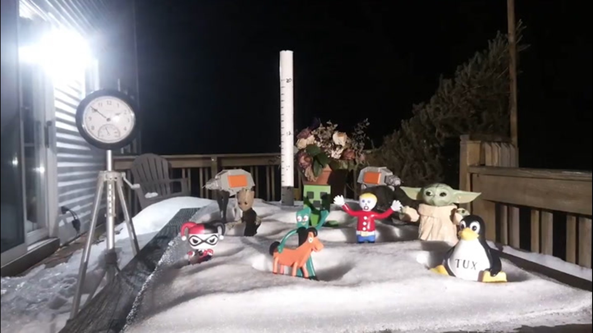 Temperatures rose into the 40s on the night of Feb. 24-25, in Apalachin, New York. It was warm enough for snow to melt and reveal some figures buried inside.
