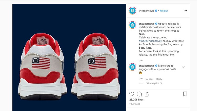 romano Expresamente Comandante Nike Pulls 'Betsy Ross Flag' Shoes Over Concerns From Colin Kaepernick:  Report | wfmynews2.com