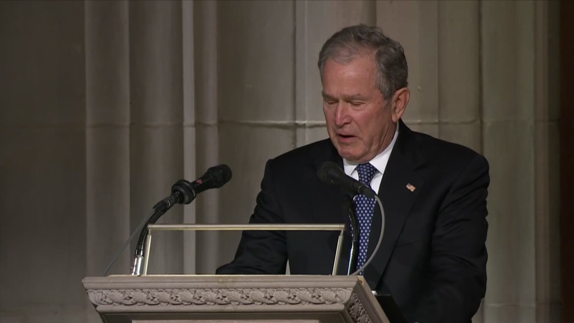 Former President George W. Bush choked back tears as he paid tribute to his dad, 'the best father a son or daughter could have.'