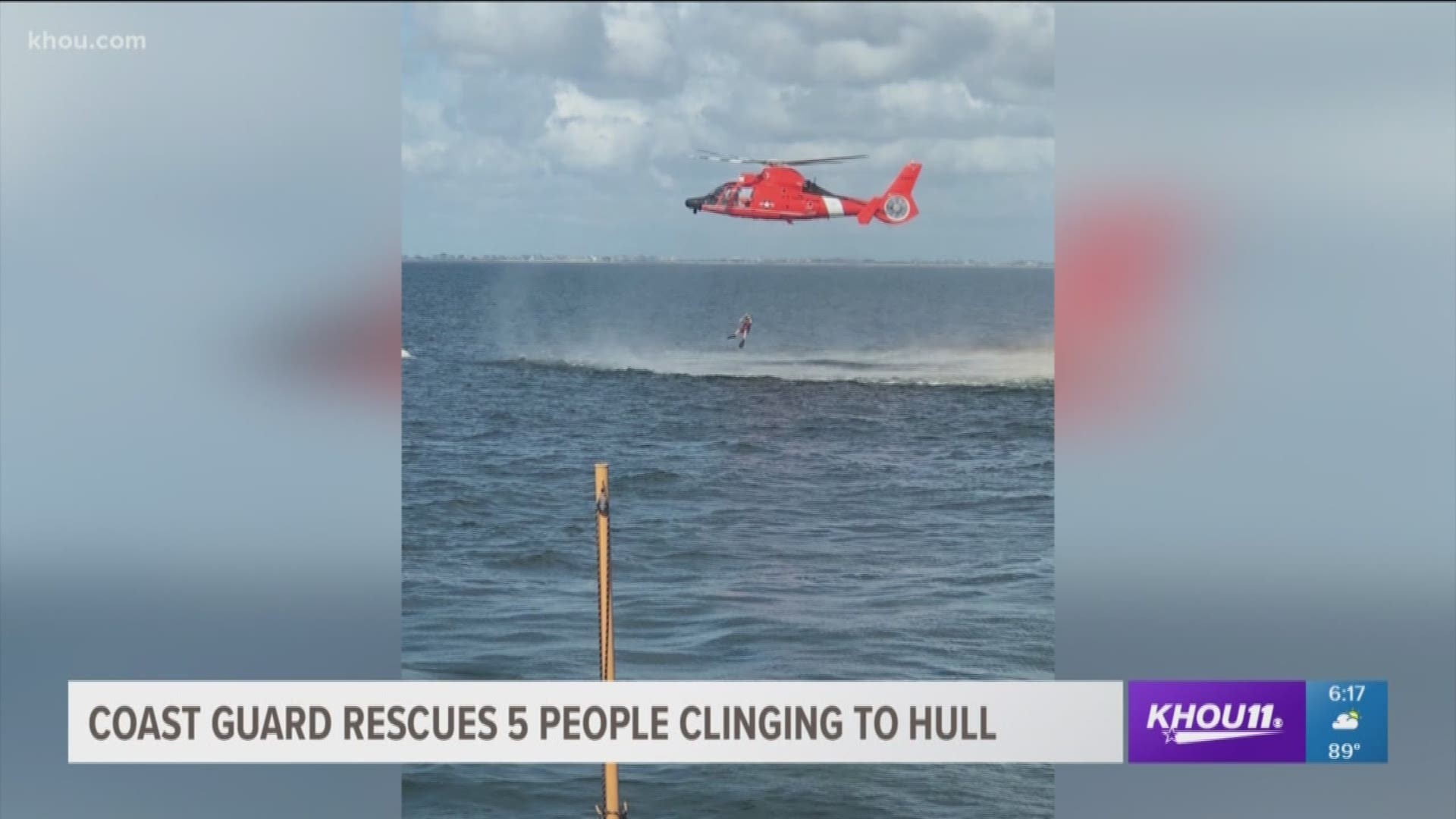 Crews say three adults and two teenagers were forced to cling to the hull of their capsized boat and wait for help.