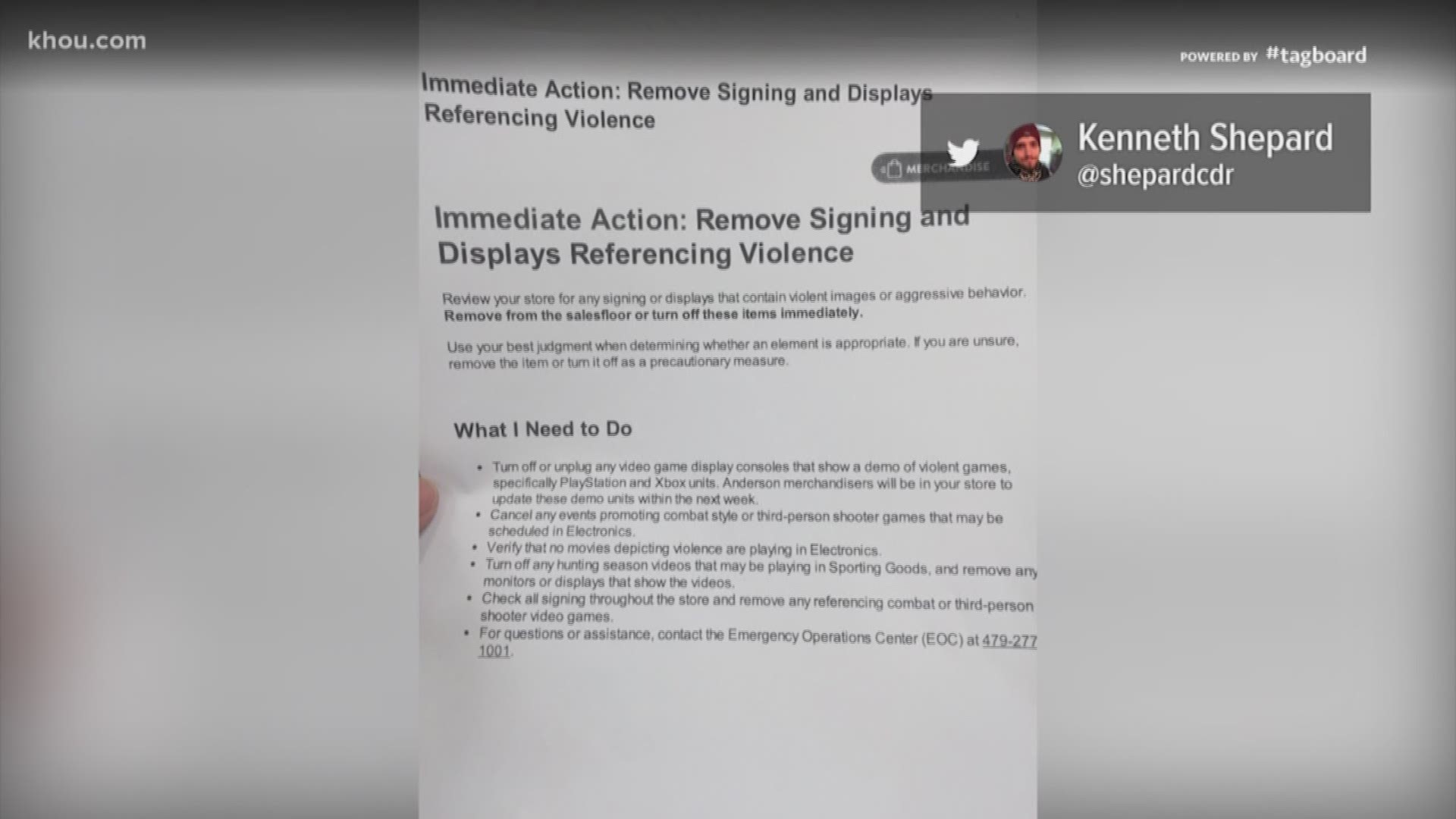 Walmart finds itself right in the middle of the gun control debate in the wake of this weekend's shootings. It started with Kenneth Shepard posting a photo to Twitter. It was of a Walmart memo calling for "immediate action" to remove signs and displays that quote "contain violent themes or aggressive behavior."