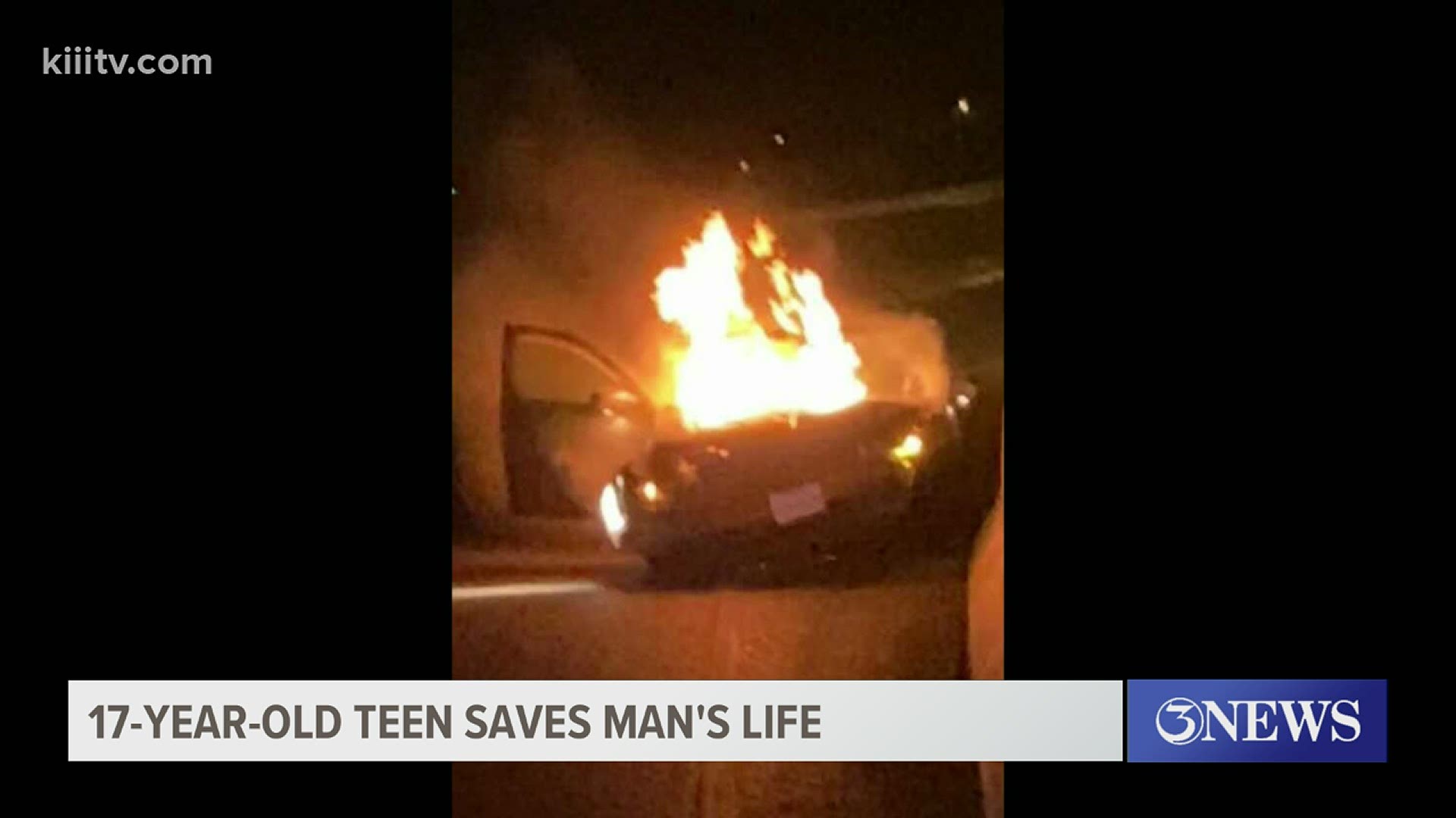 The 17-year-old was traveling with his family when they saw the burning car on the highway.