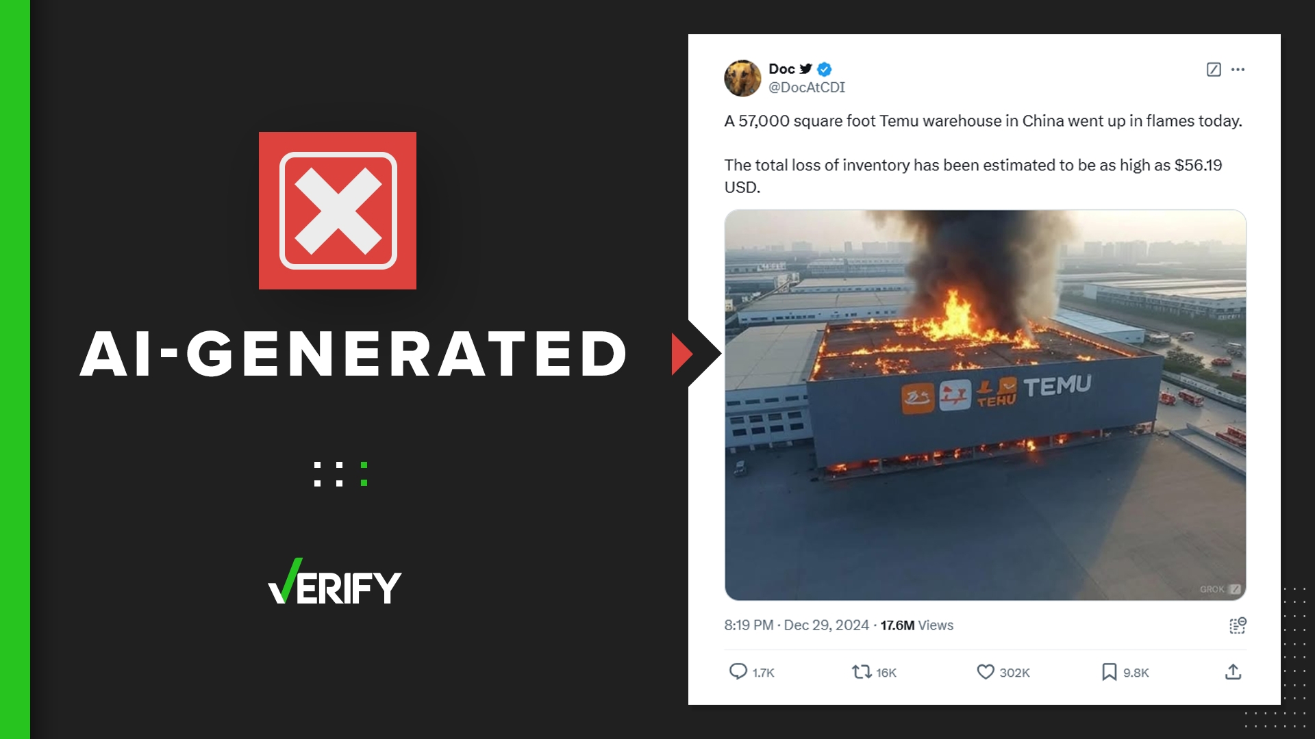 A fake image of a Temu warehouse fire created with artificial intelligence as a joke left many appearing to believe it was real.