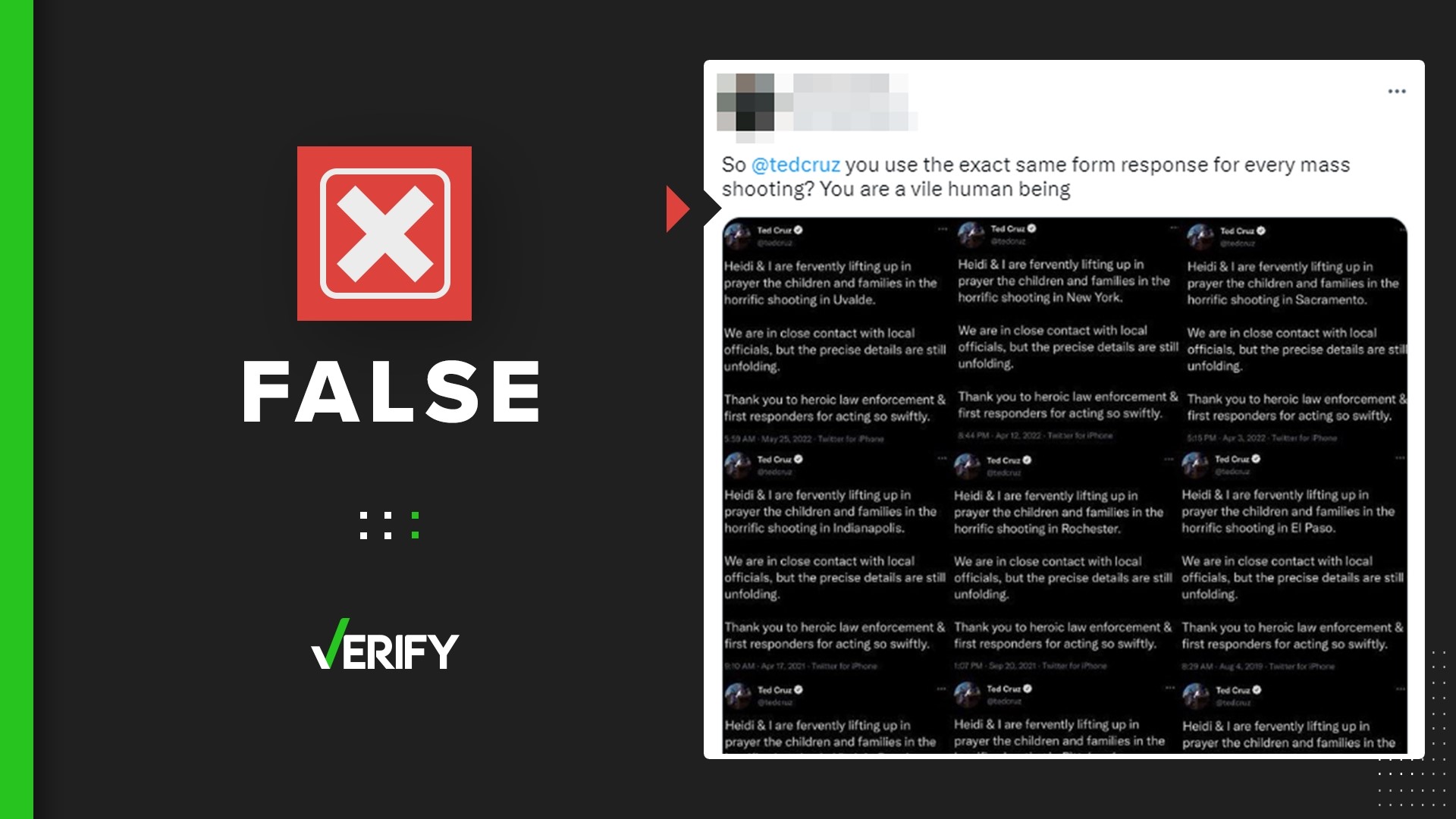 Viral tweets claim Sen. Ted Cruz copy and pasted the same message to Twitter after mass shootings. That’s false.