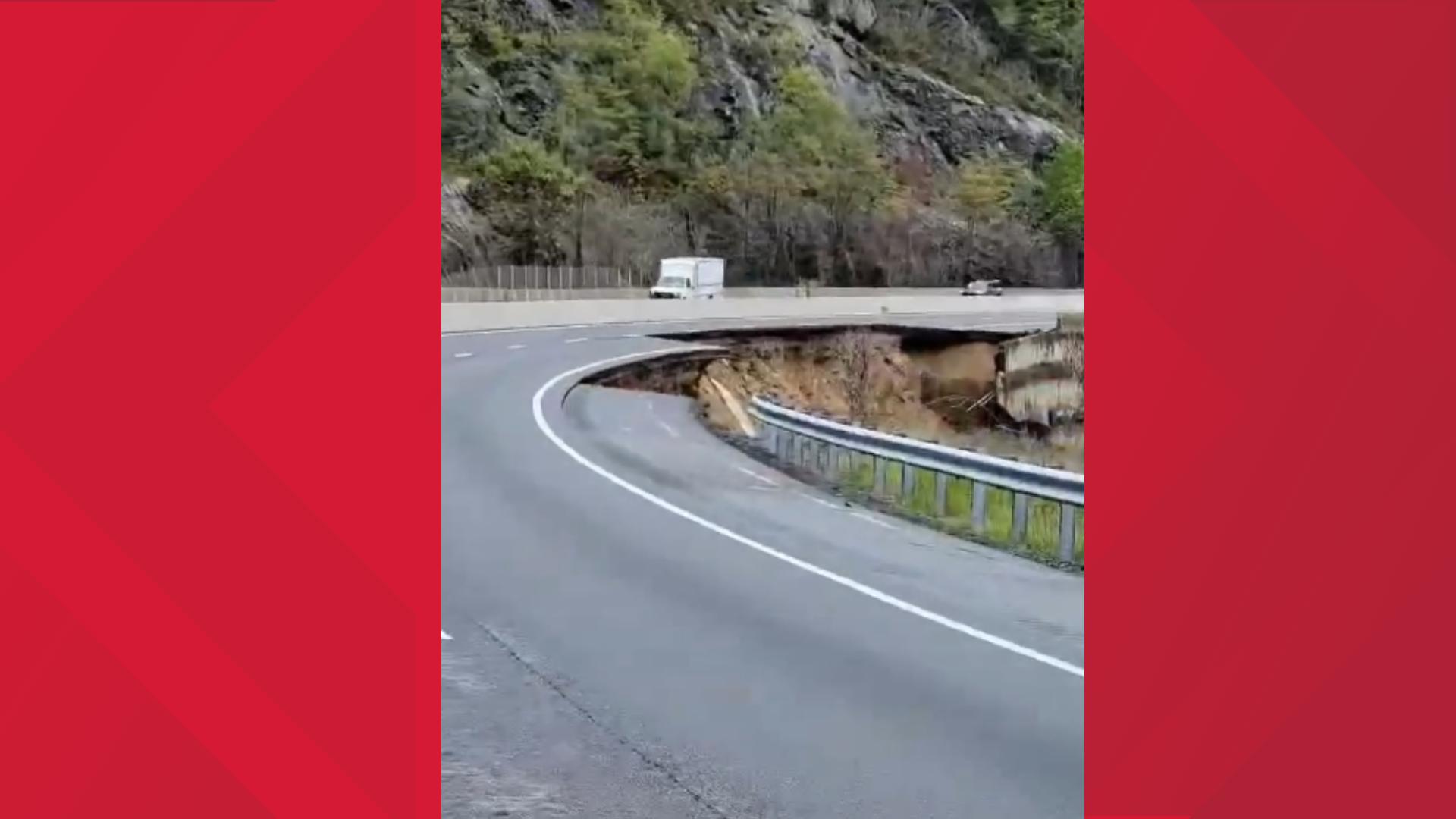 A portion of I-40 washed away in the Pigeon River Gorge on Friday. The interstate may not reopen for some time due to the damage. (Video: Paiton Lanier)