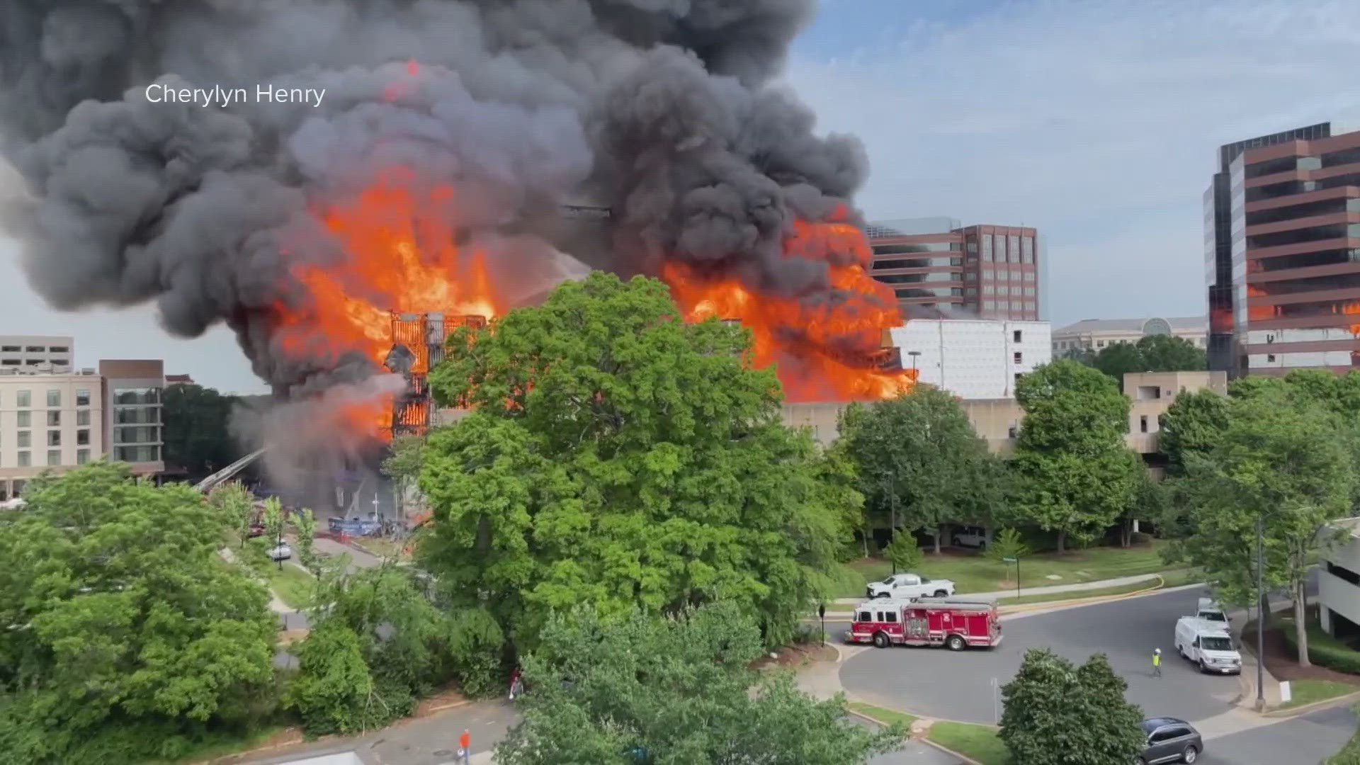 Two construction workers are unaccounted for after a huge fire destroyed a construction site in Charlotte's SouthPark area Thursday.