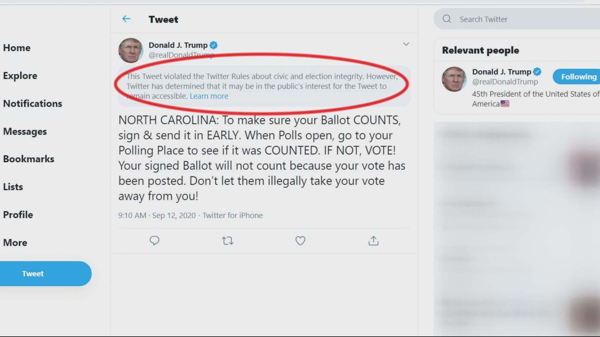 President Trump is telling North Carolina residents for a second time to show up at the polls to see if the vote was counted.