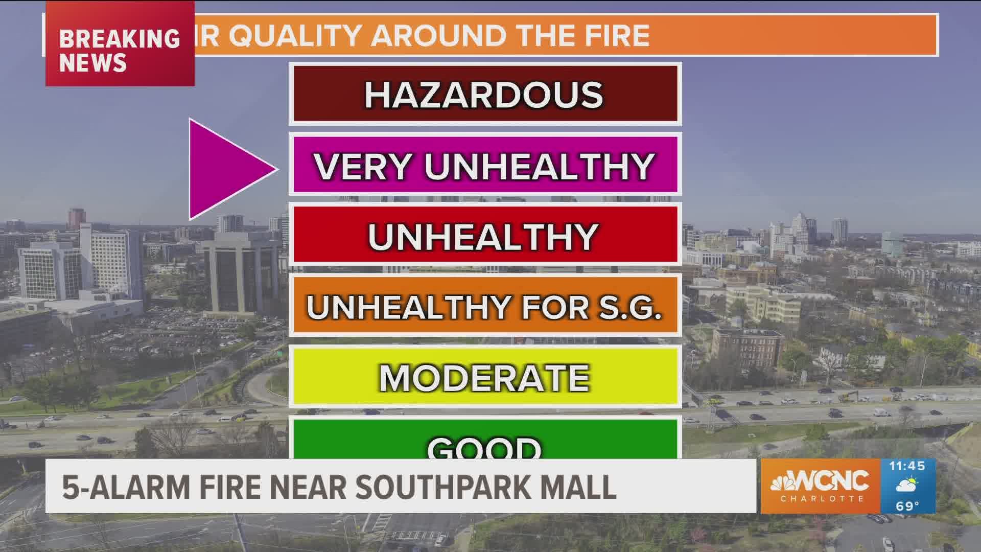 Residents are urged to stay indoors and away from the south Charlotte fire because of concerns of materials that could be burning into the air.