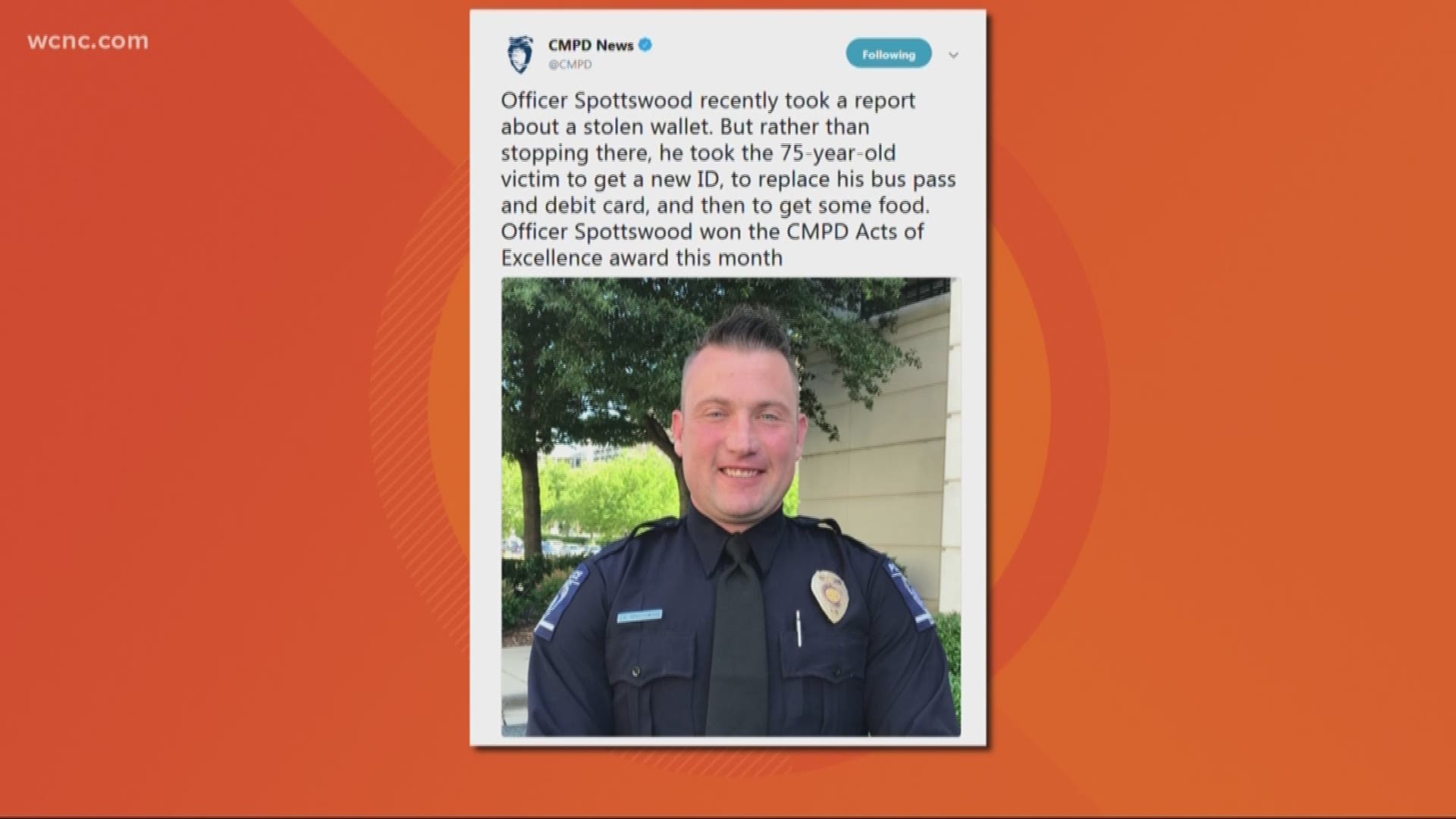 A Charlotte-Mecklenburg Police officer is going viral after his good dead for an elderly man made the rounds on social media.