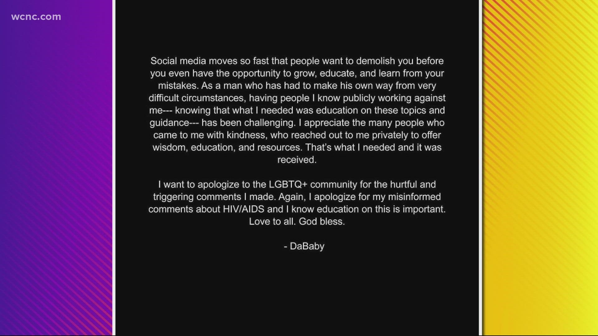 The Charlotte-based rapper posted an apology on Instagram, saying in part that he was sorry for his misinformed comments and that "education on this is important."