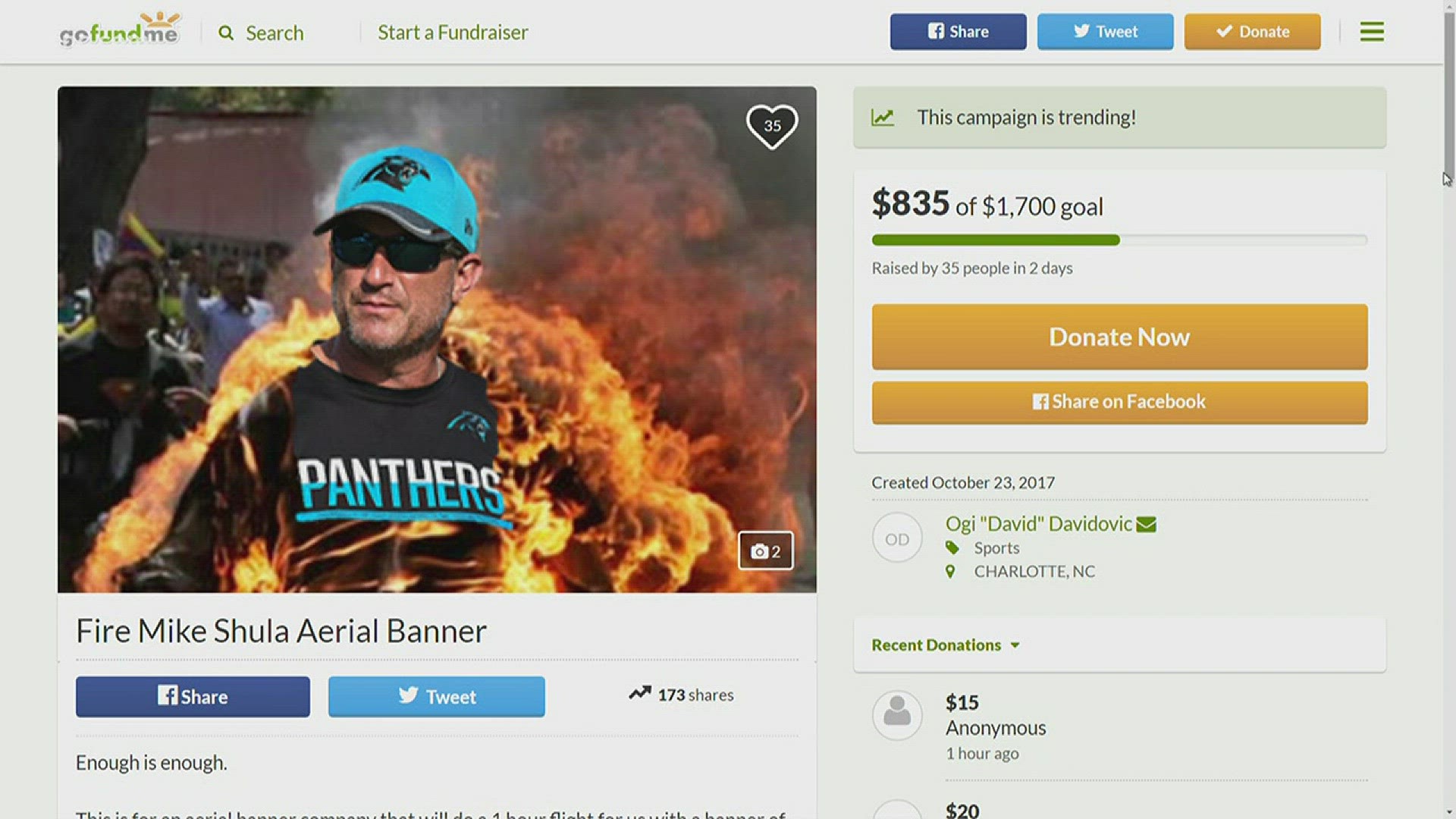 Panthers fans set up a GoFundMe page calling for the firing of a Panthers coach.