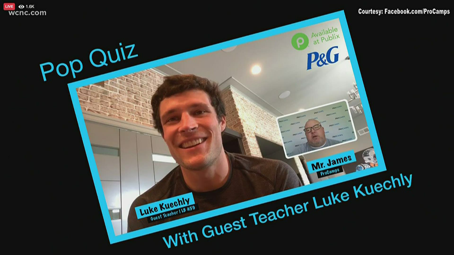 Former Carolina Panther, Luke Kuechly has fun over a virtual class and helps teach.