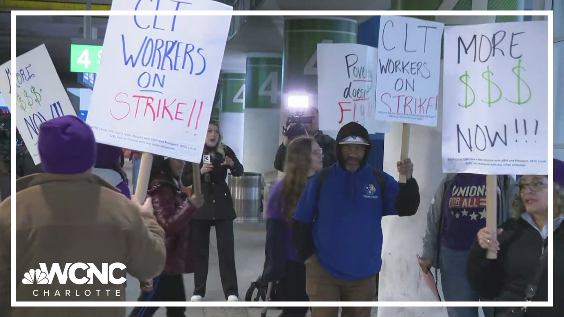 Service workers at Charlotte Douglas International Airport have gone on strike during a busy week of Thanksgiving travel to protest what they call unlivable wages.