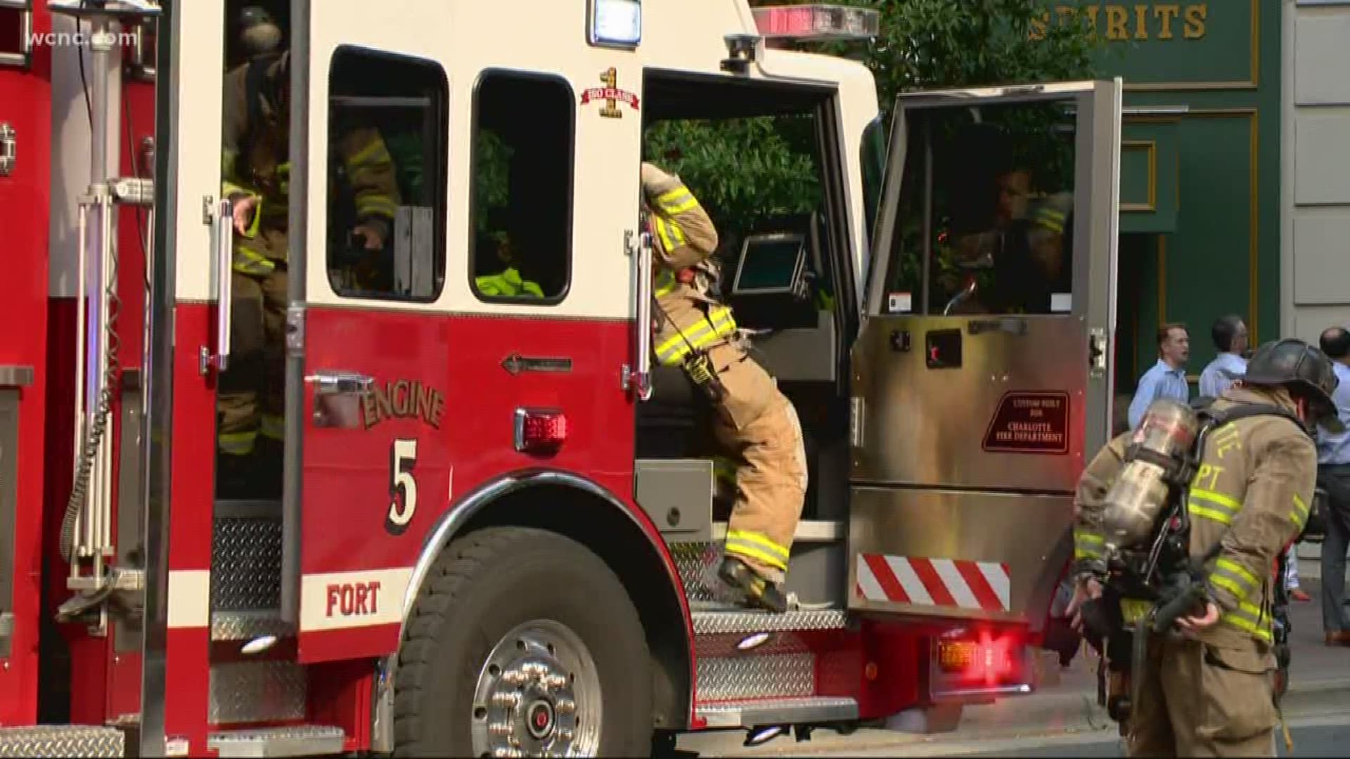 The Charlotte Fire Department sent a total of 65 firefighters to battle the fire, located near a restaurant on the lower levels of One Bank of America Plaza.