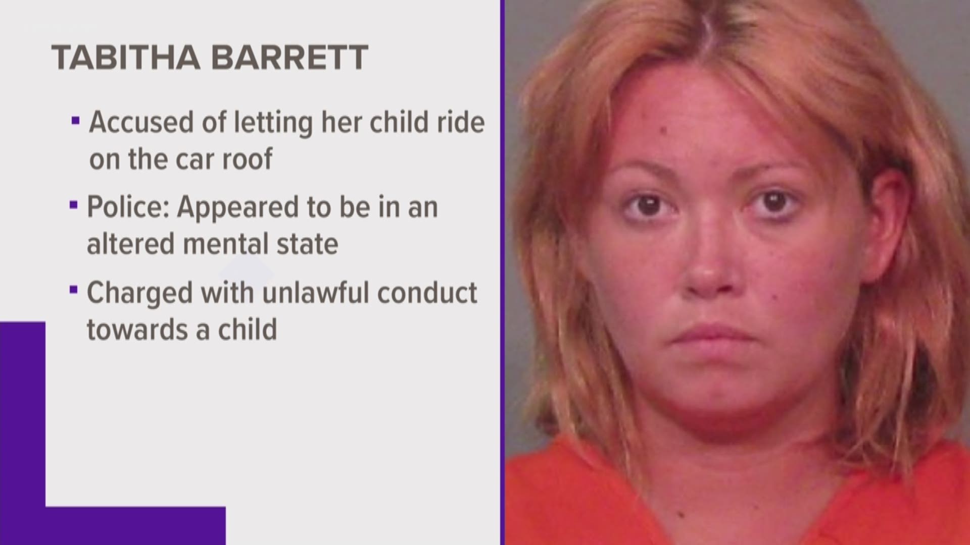 According to officers, the suspect, Tabitha Barrett, denied that she allowed her child to ride on the roof of the car. Police say she appeared to be in an altered mental state and wasn't able to answer questions clearly. Barrett has been charged with unlawful conduct towards a child.