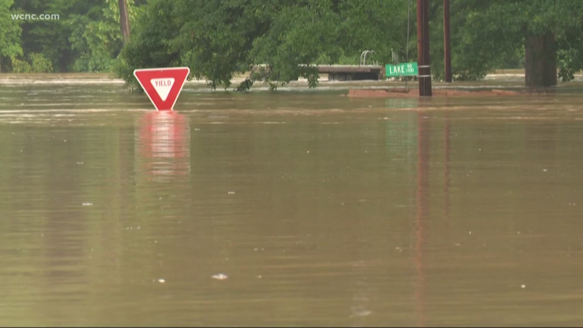 The Mountain Island Lake community was hit hard. A look from above in South Carolina shows rivers bursting at the seams, parts of tree trunks floating away.