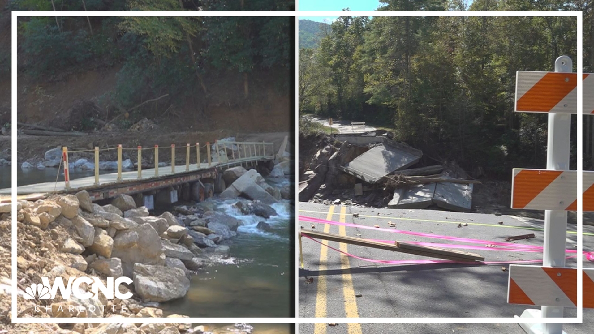 Elk Park, N.C. residents built a bridge out of flatbed trailers to transport supplies to residents in Butler, Tennessee after Helene flooding damaged the original.