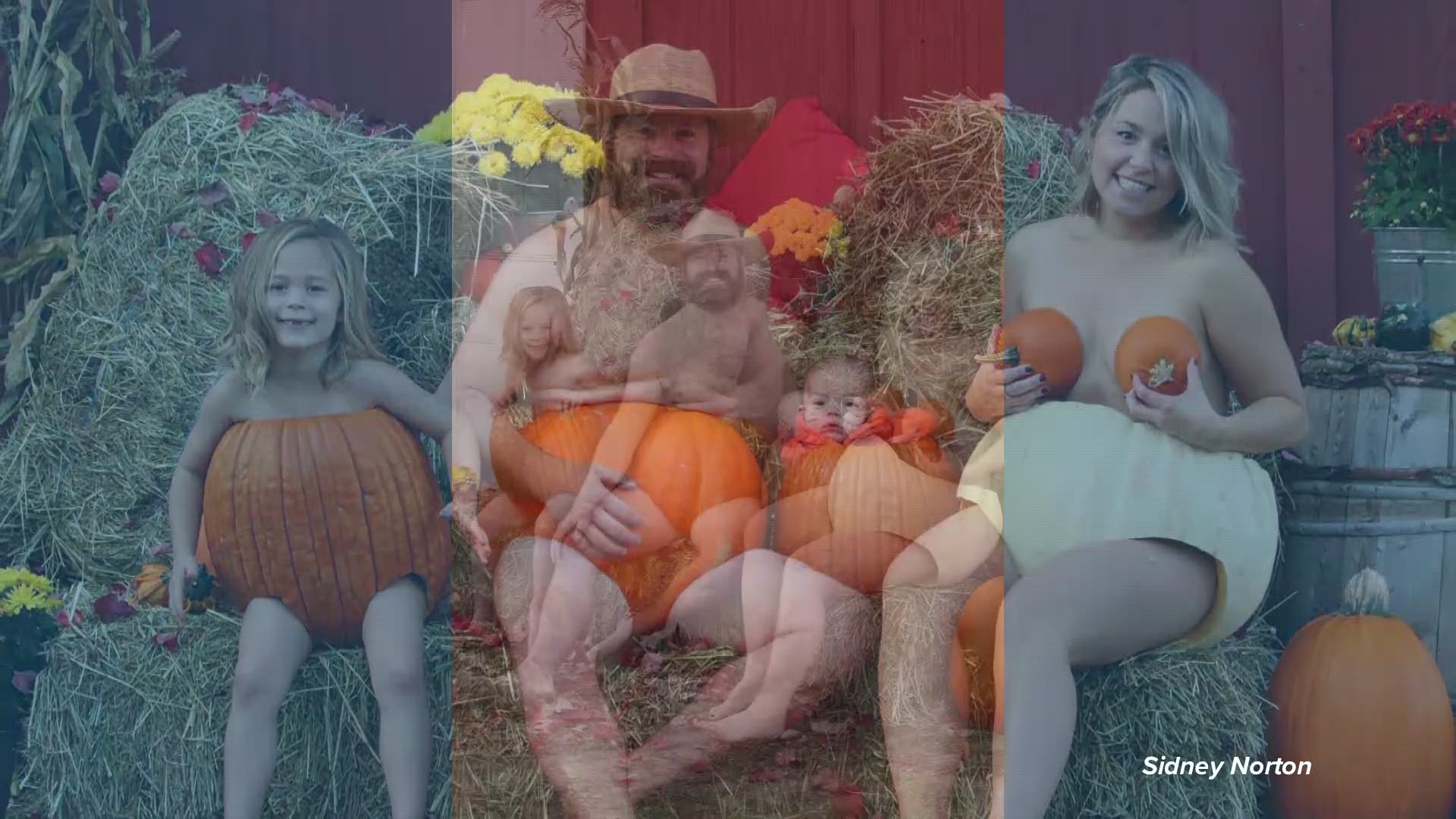 Family holiday photo of Mark and Sidney Norton of Nova Scotia and their two children has gone viral as they all wear pumpkins and nothing but pumpkins.