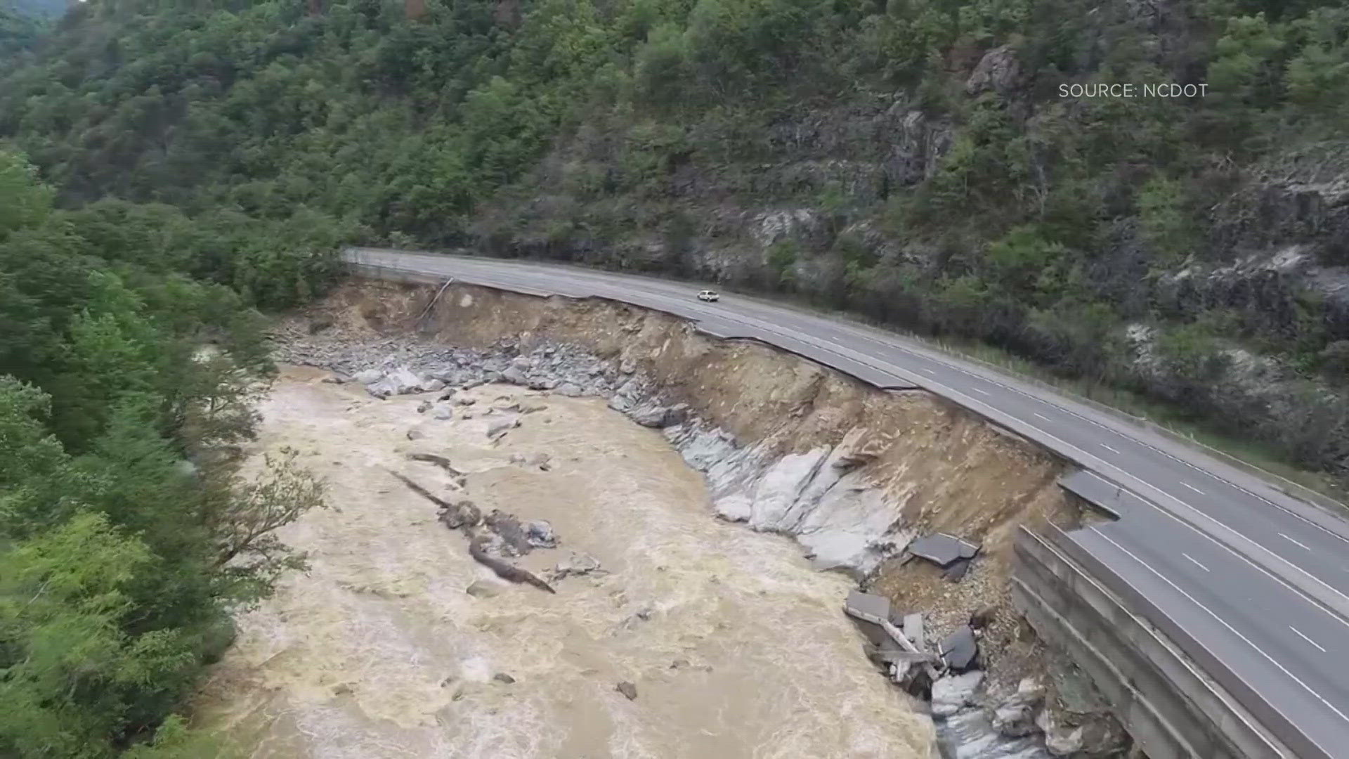 The North Carolina Department of Transportation shares video of the damage along I-40 at the North Carolina-Tennessee state line.