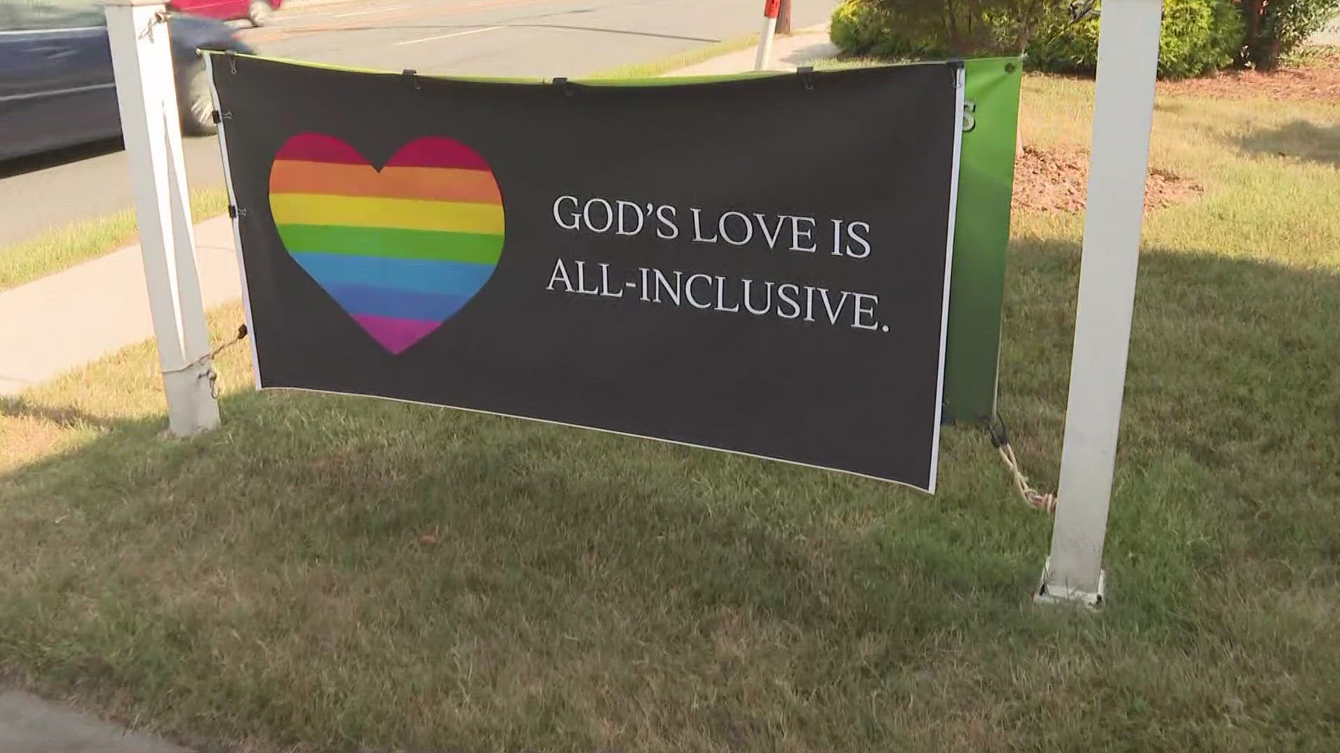 A banner outside of College Park Baptist Church promoting Pride Month was spray painted.