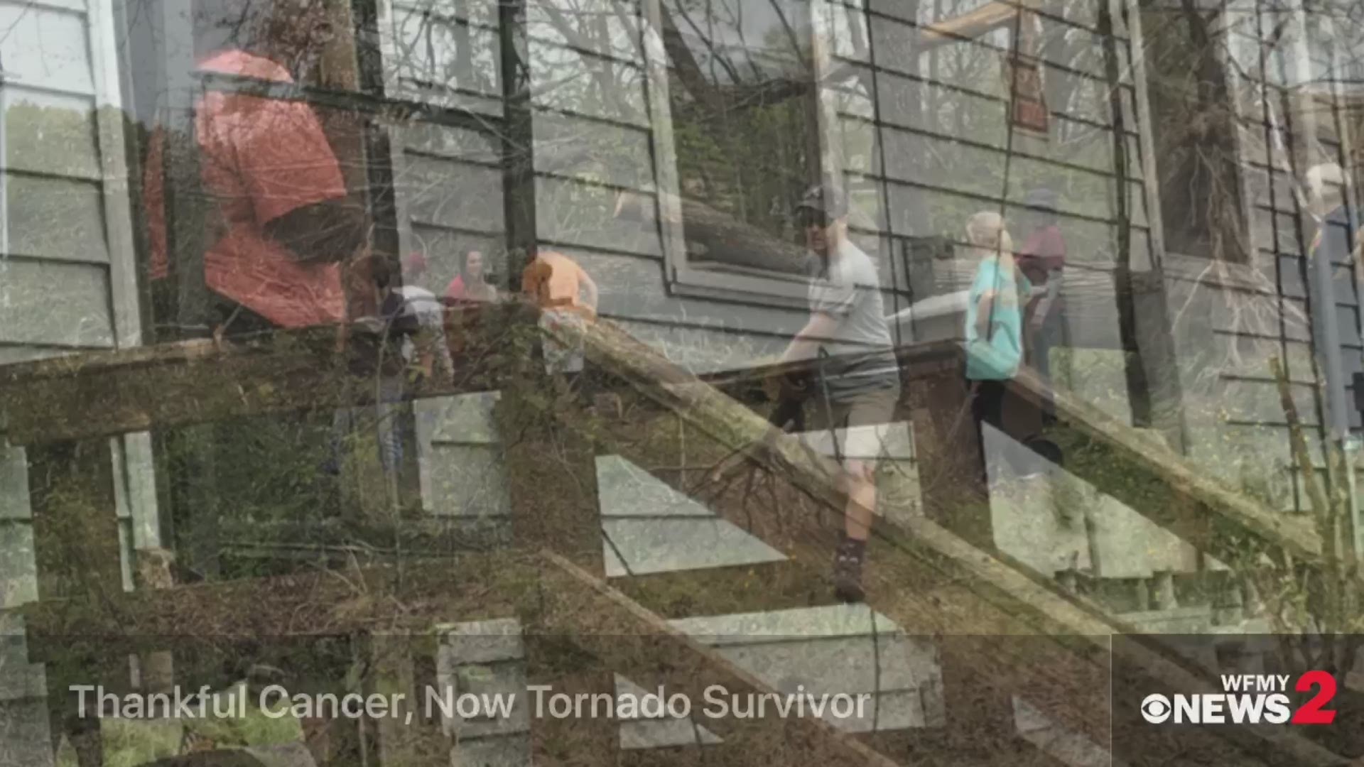 Volunteers help woman whose house sustained severe damage from April 15 tornado in Greensboro. She is also a cancer survivor and very very good inspiration to be around.