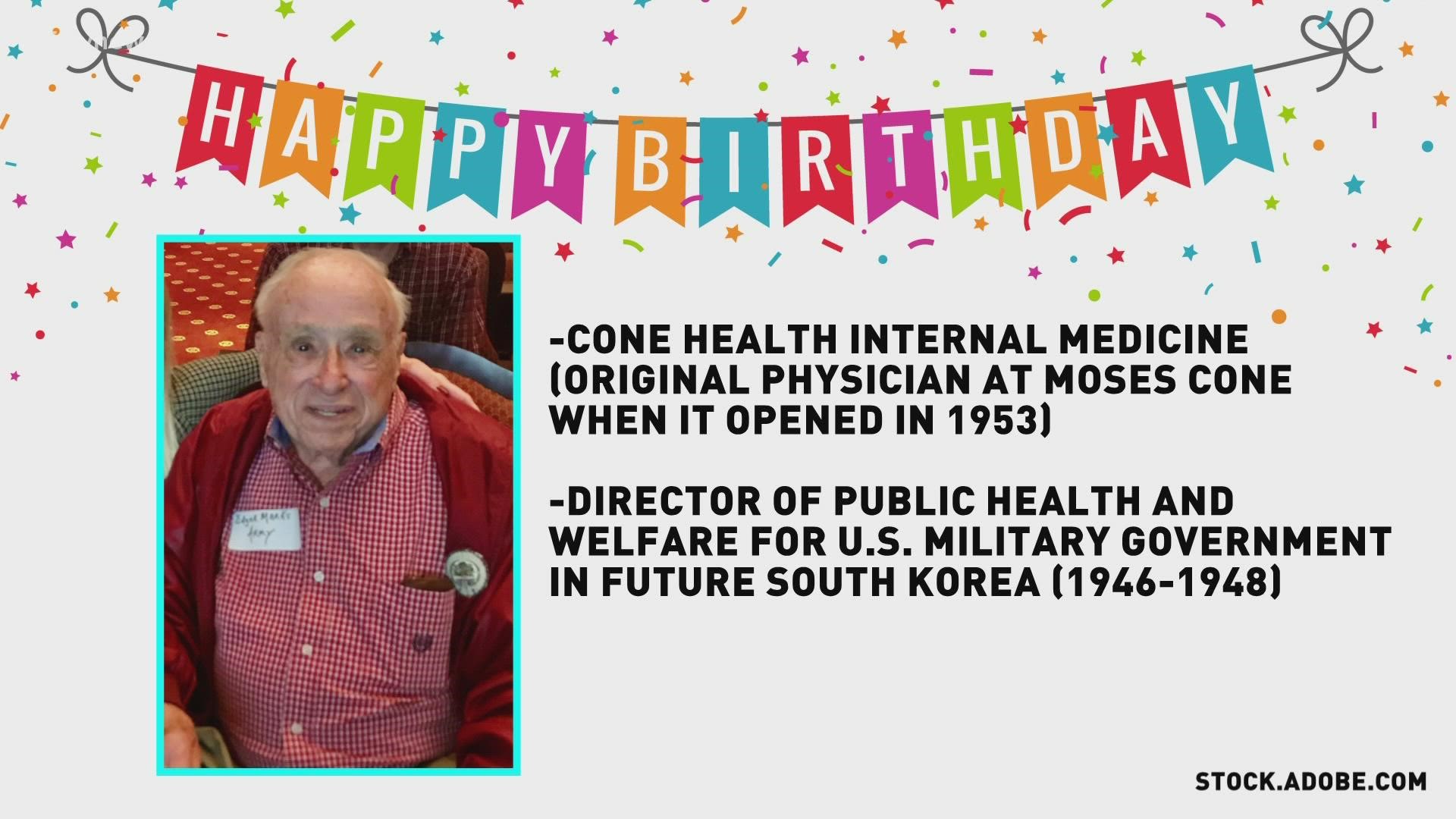 Dr. Edgar Marks was one of the original physicians at Moses Cone Hospital and served in Korea between wars. At age 100, he is as sharp as a tack.