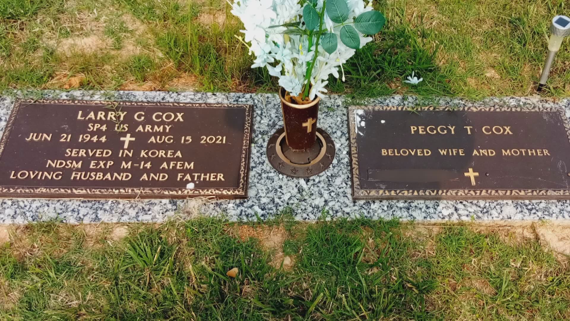 Peggy Cox was confused and hurt when she went to visit her husband's gravesite and saw a marker with another woman's name next to his.