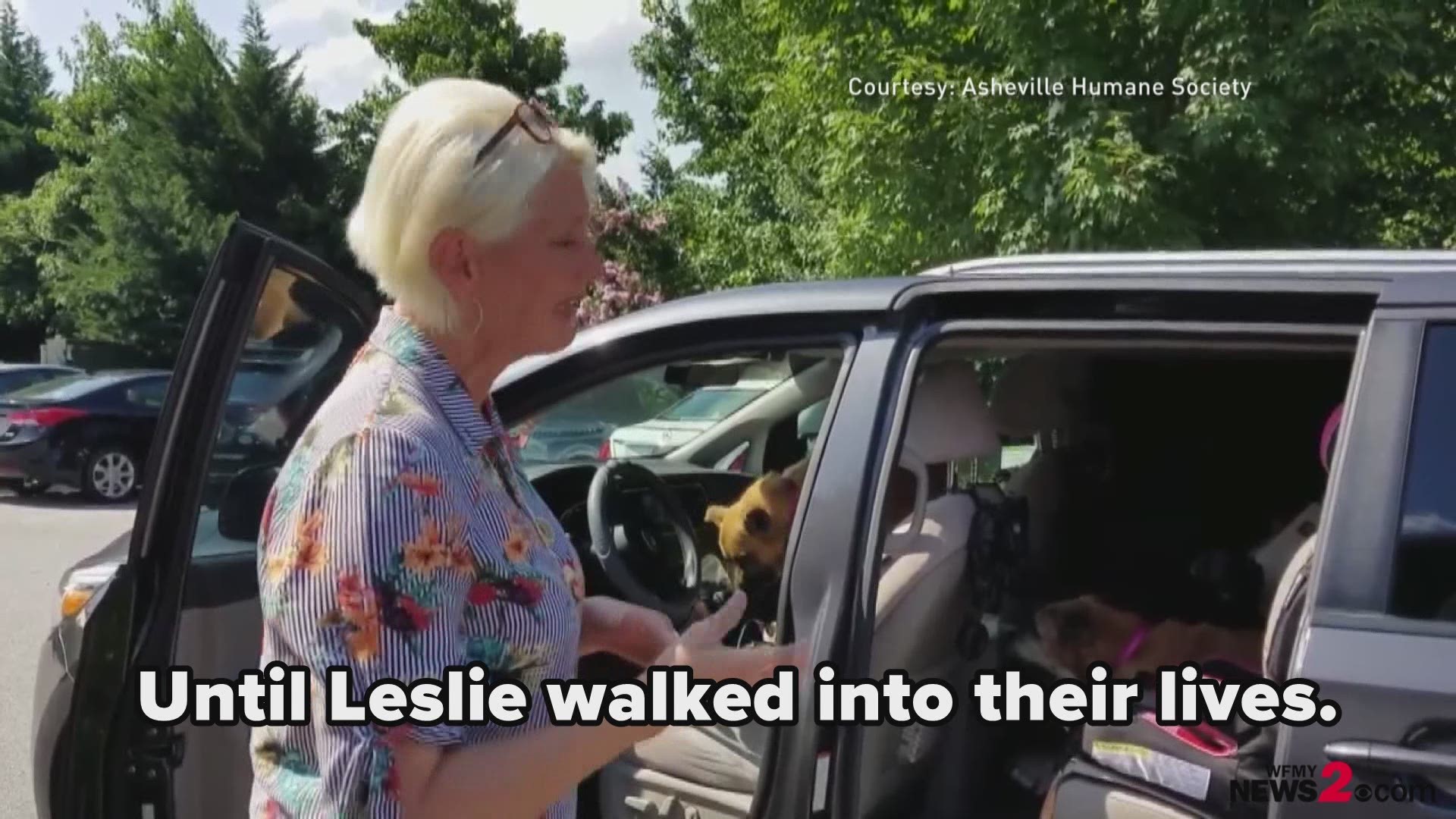 The Asheville Humane Society says Leslie walked through their doors and asked for the two dogs who'd been there the longest, with special needs. Those two senior dogs were Sam and Brutus. Leslie assured the pair that they now had a loving home, and they'd never be alone again.