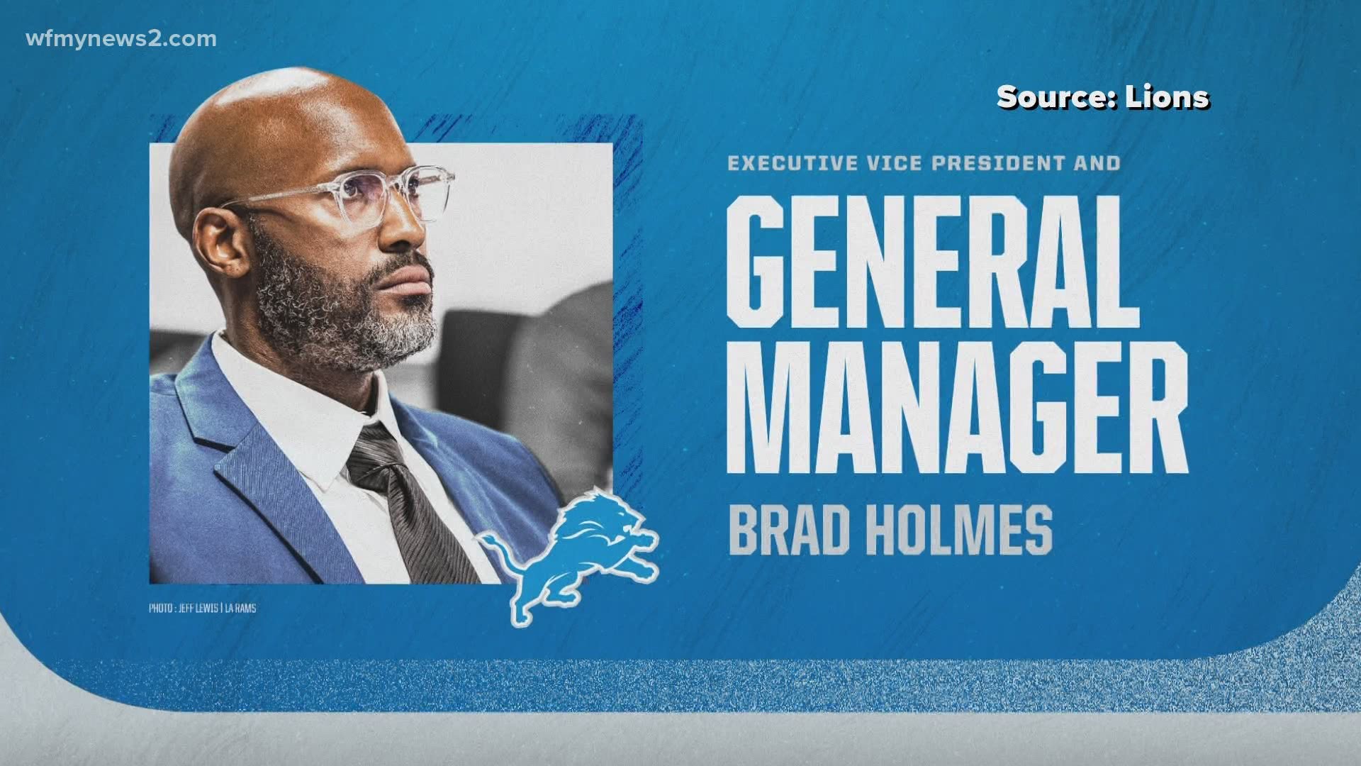 Brad Holmes has been named the executive vice president and general manager of the Detroit Lions.