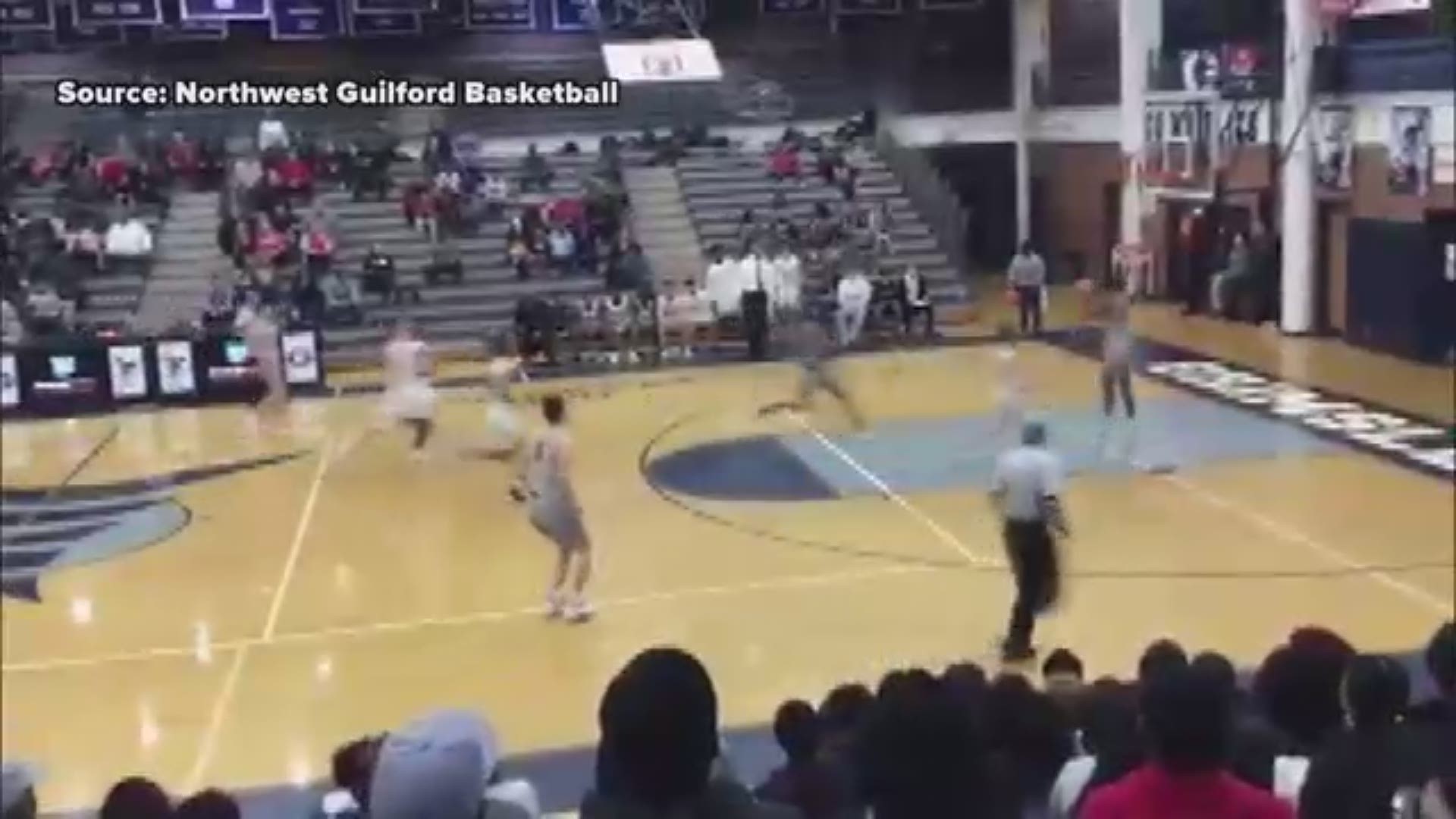 Did that really just happen? Watch Northwest Guilford's senior guard Christian Hampton shatter the backboard during a slam dunk against Grimsley.