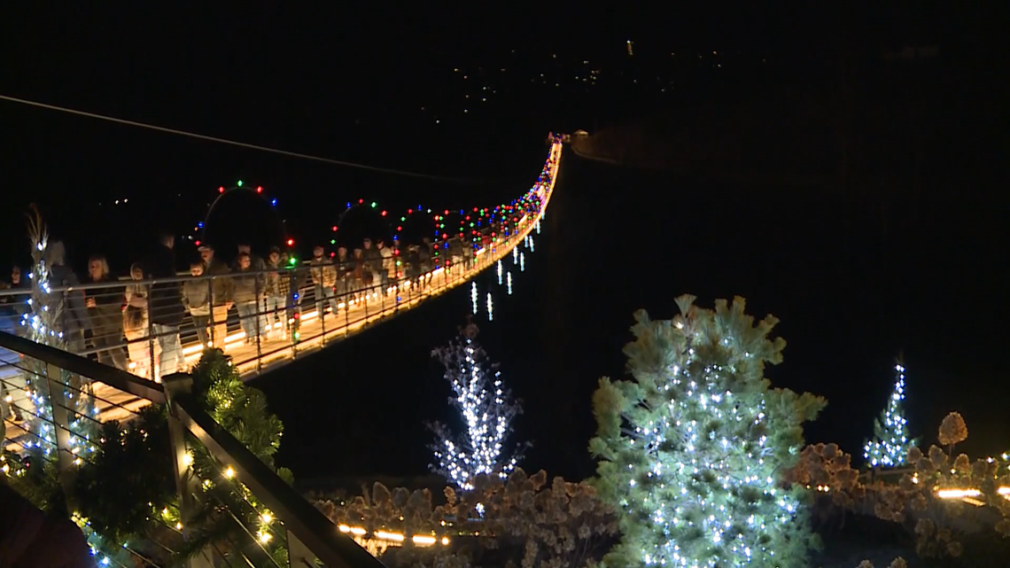 The Gatlinburg SkyBridge is all lit up for Christmas