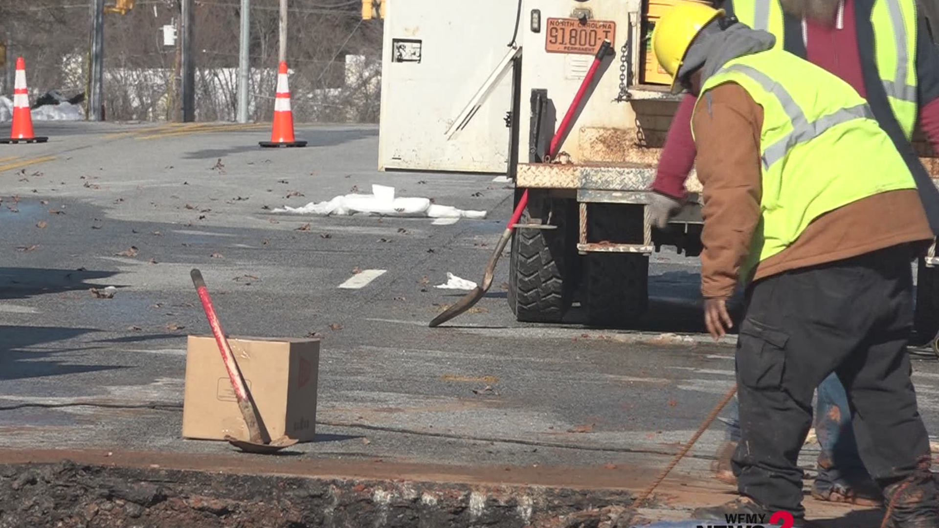 Crews closed New Garden Road between Ballinger Road and W. Friendly Ave due to a water main break after the snow storm.