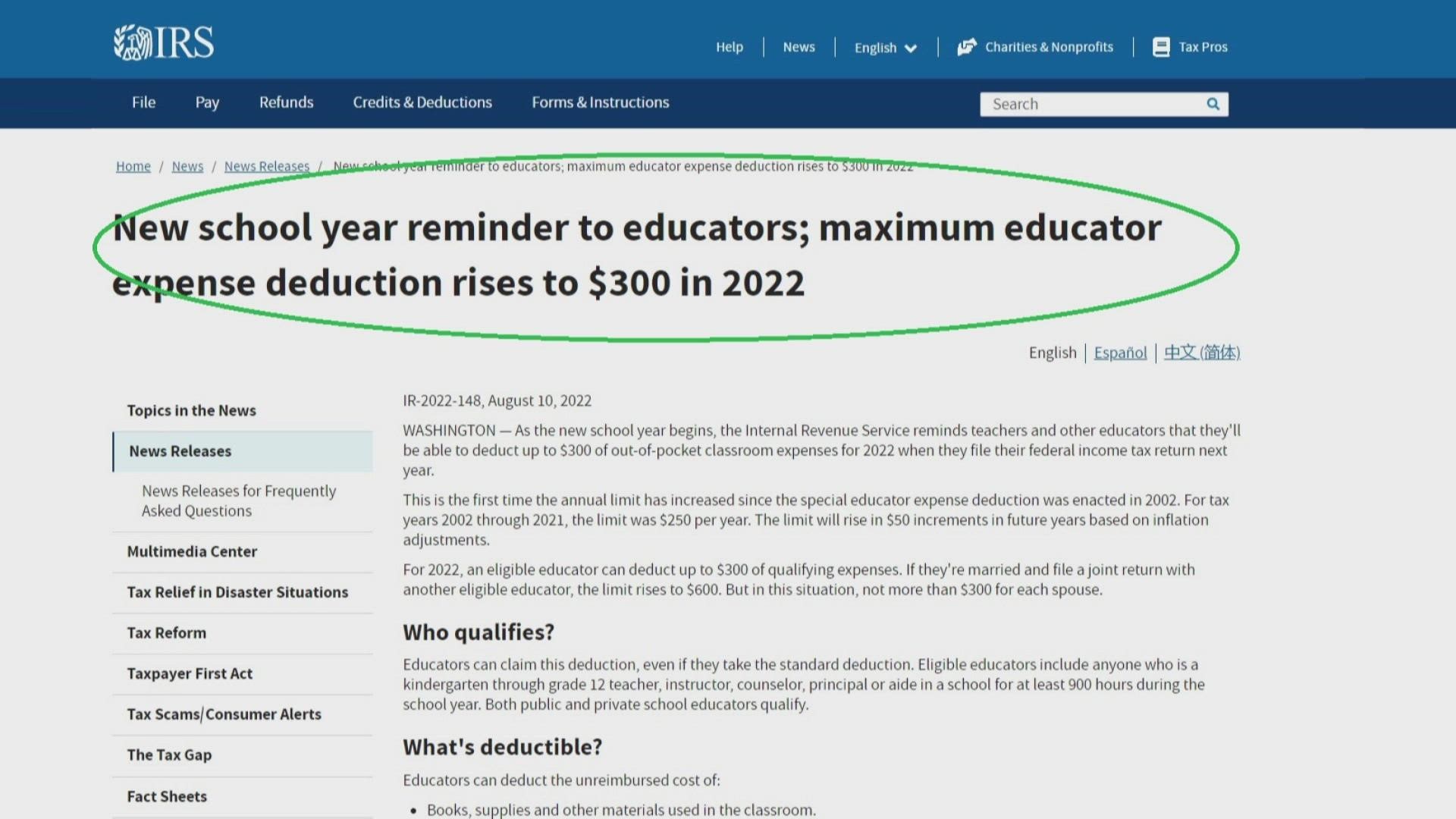 Educators can deduct up to $300 of out-of-pocket expenses this year on their 2022 taxes.