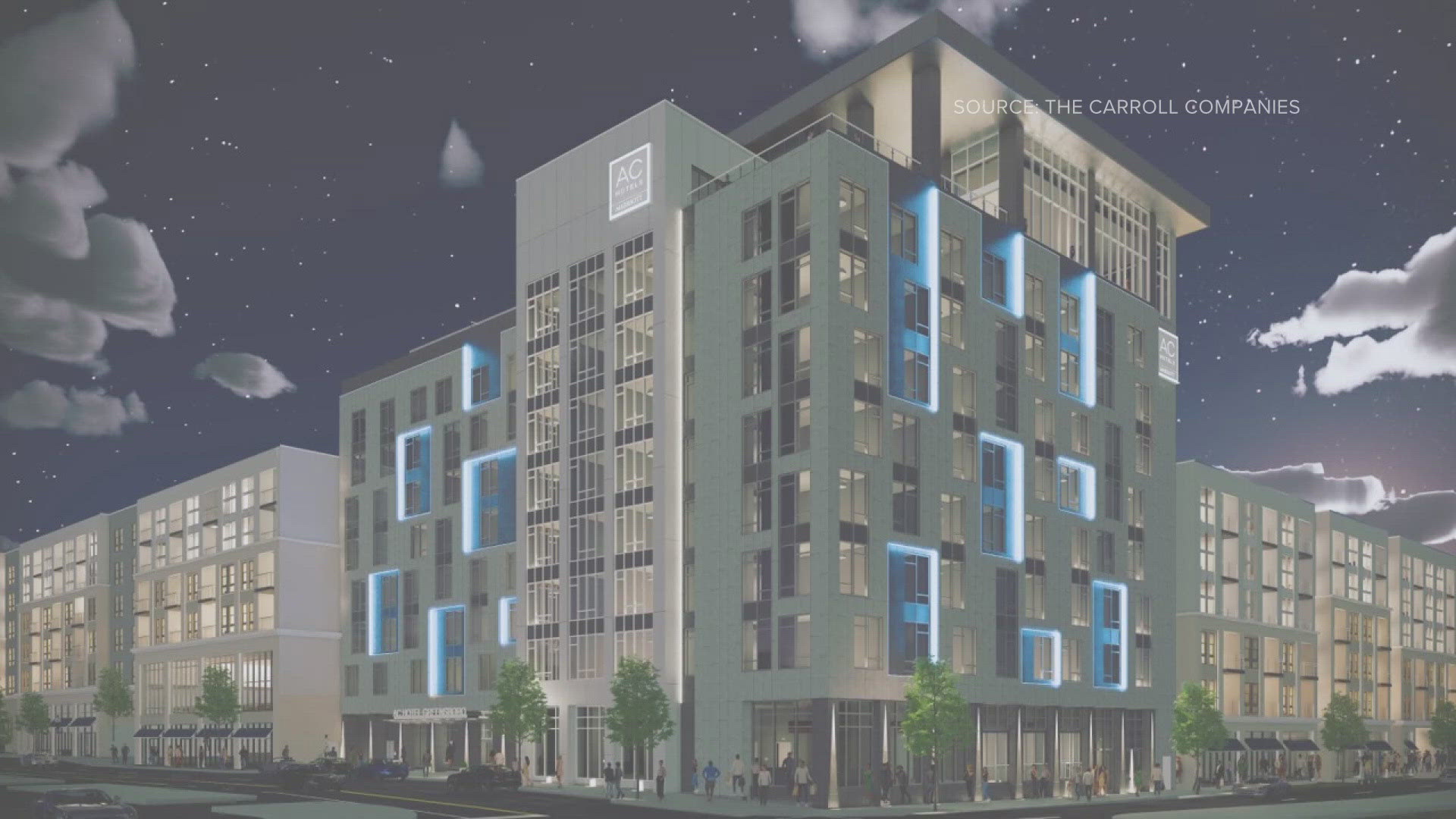 The new hotel will feature 150 hotel rooms, retail space, and nearly 350 apartments.