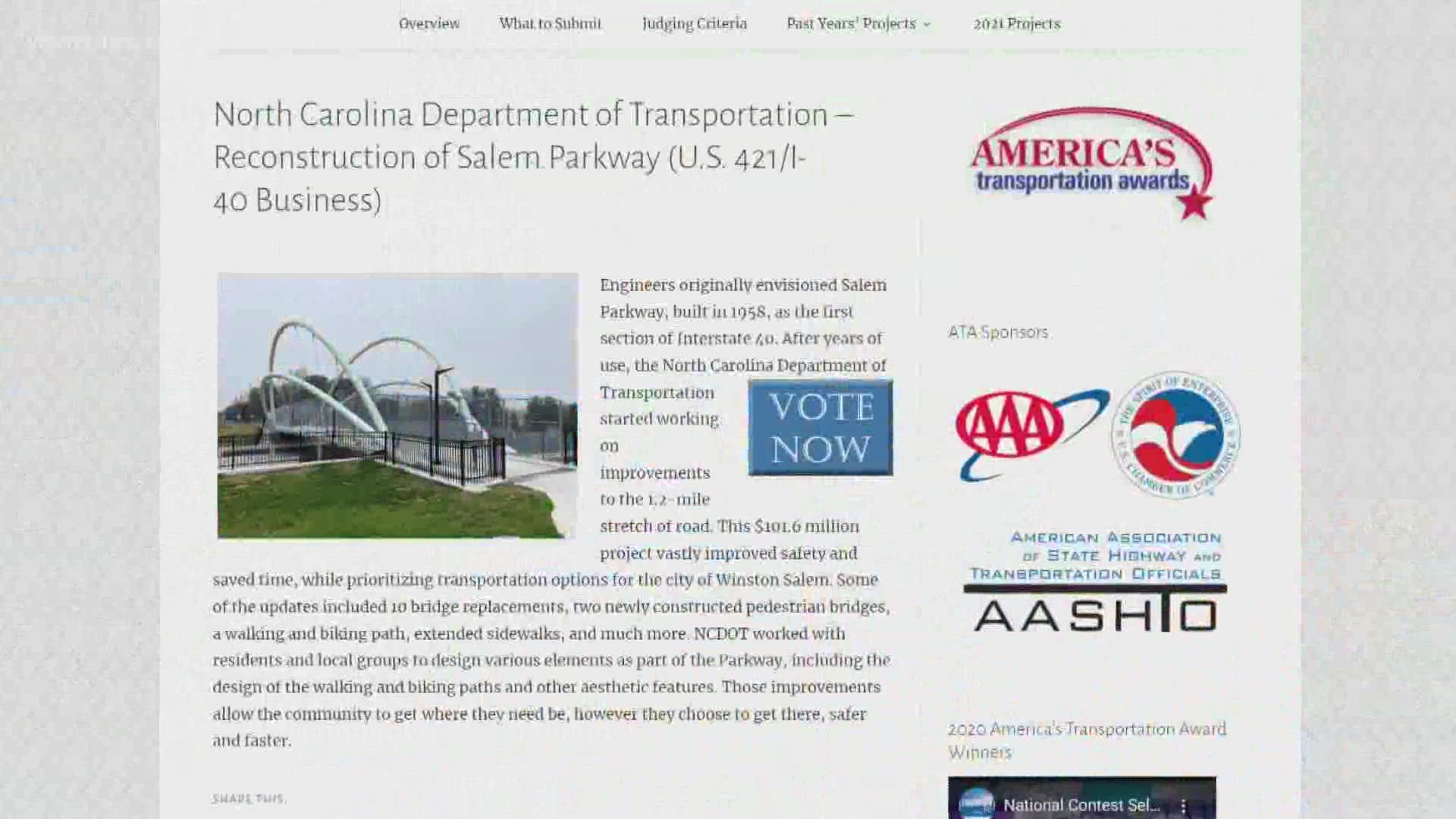The city of Winston-Salem won an award from the National Transportation Bureau for its work on the Salem Parkway.