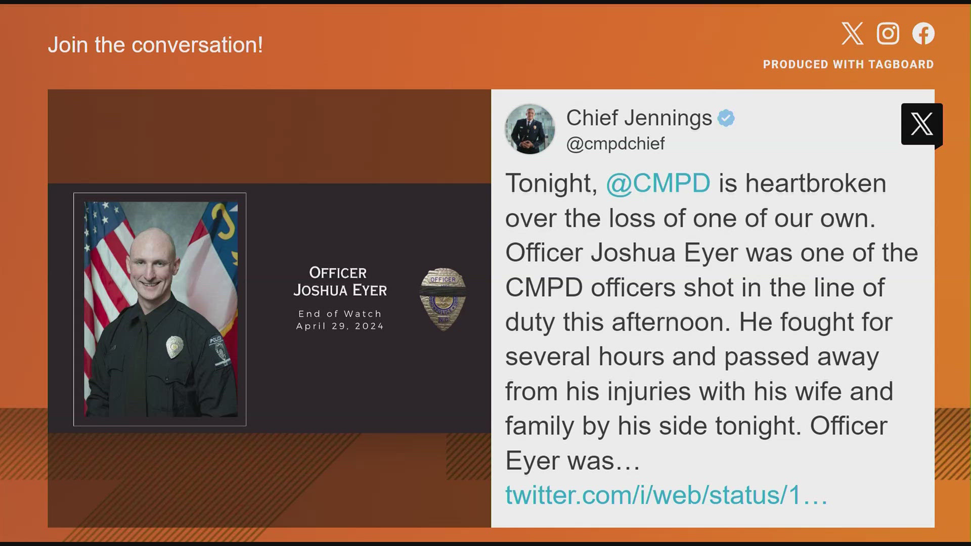 CMPD Officer Joshua Eyer was shot in the line of duty in East Charlotte and later died from his injuries.