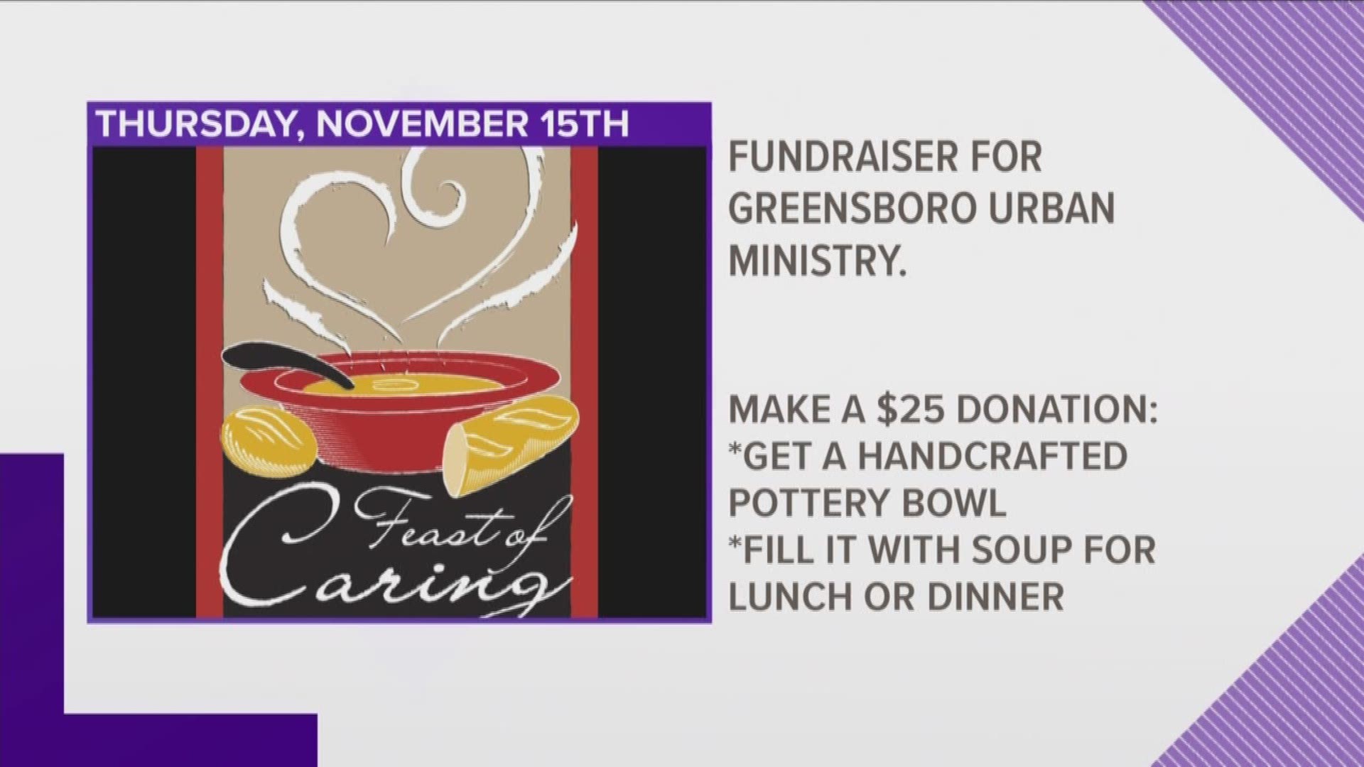 The Feast of Caring is a fundraiser for Greensboro Urban Ministry. You make a $25 donation and you choose a handcrafted pottery bowl to take home.