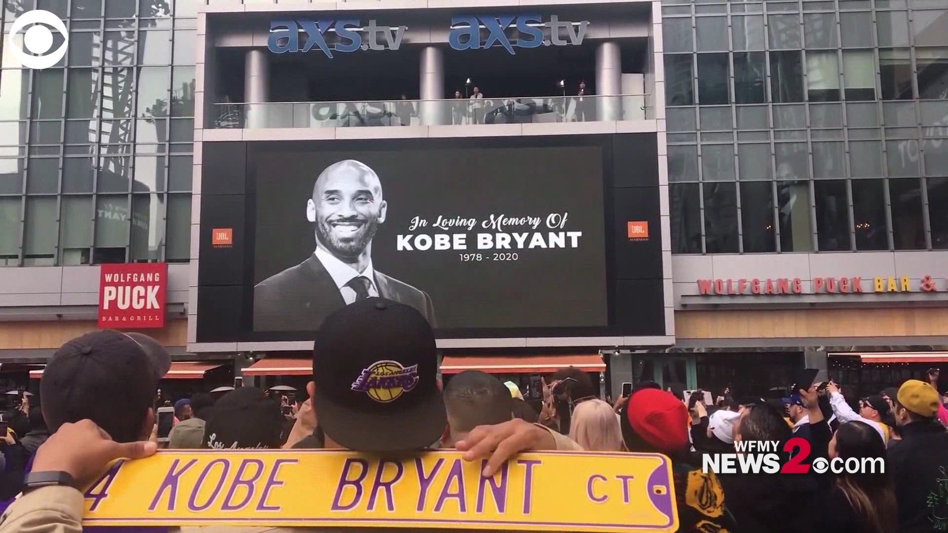 Fans chanted "Kobe, Kobe, Kobe" as they gathered near the Staples Center to pay their respects to the former Lakers star. He died in helicopter crash Sunday morning.