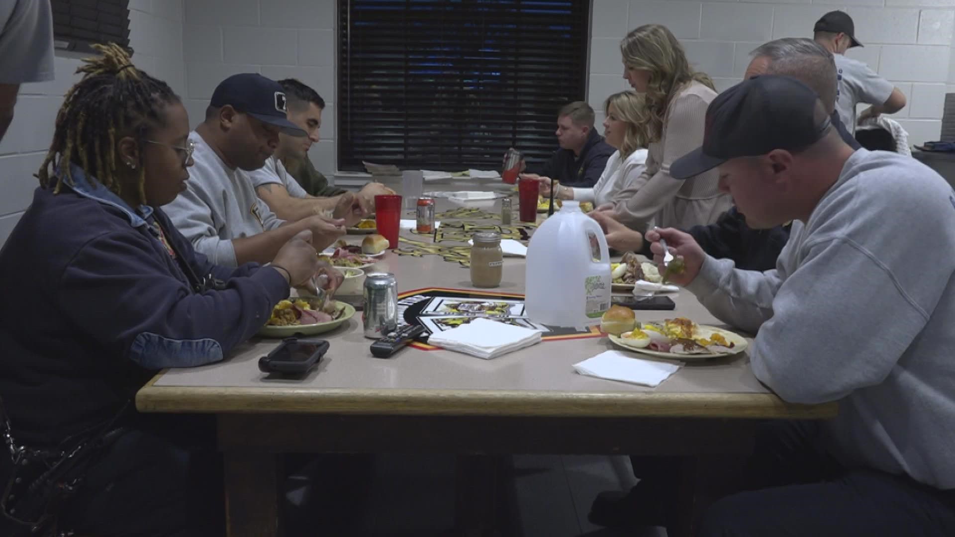 First responders who serve on holidays found a moment to give thanks.