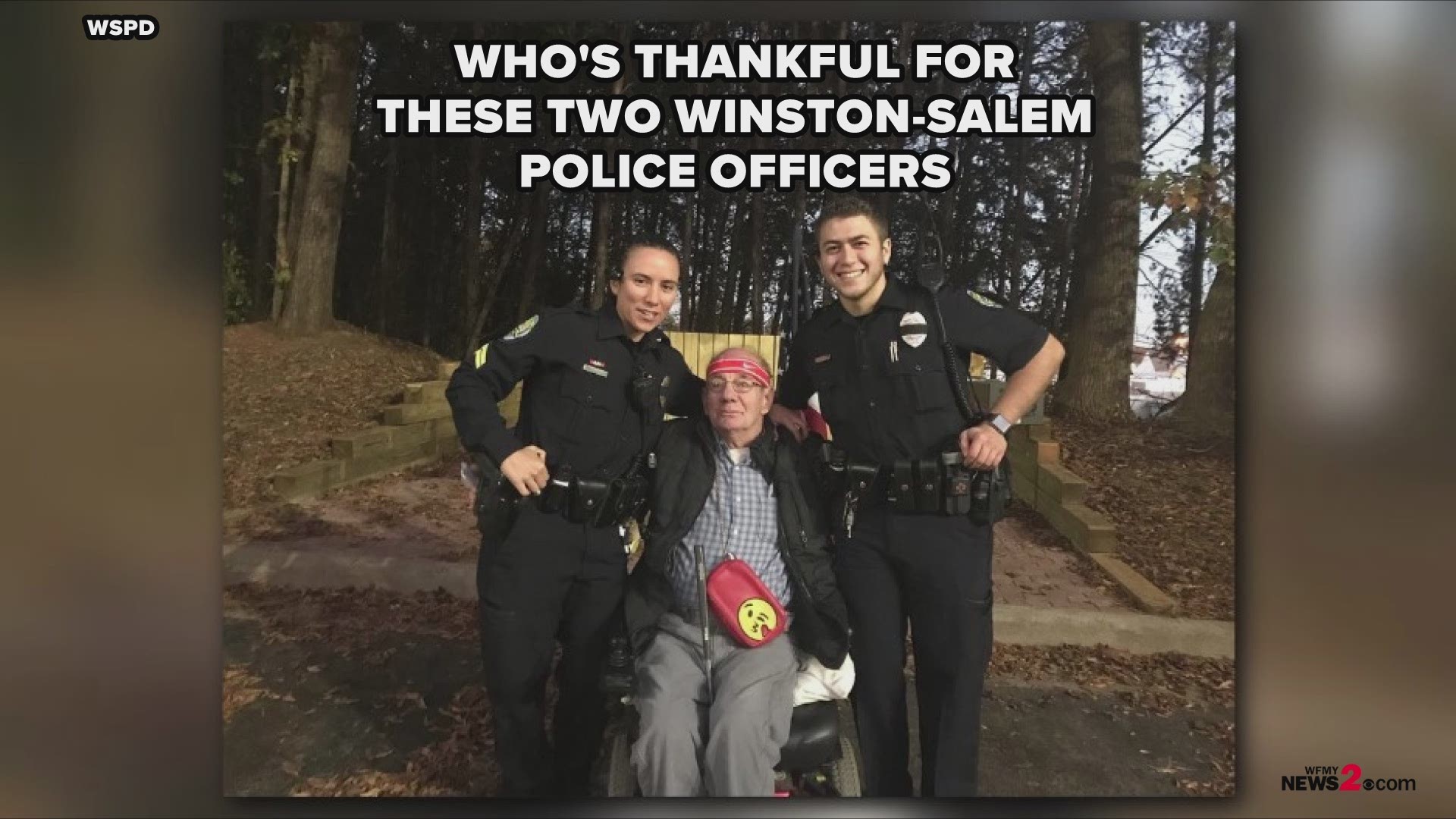 Winston-Salem Police officers push Navy Veteran, David Lane down the road after his electric wheelchair broke down. Way to go officers!