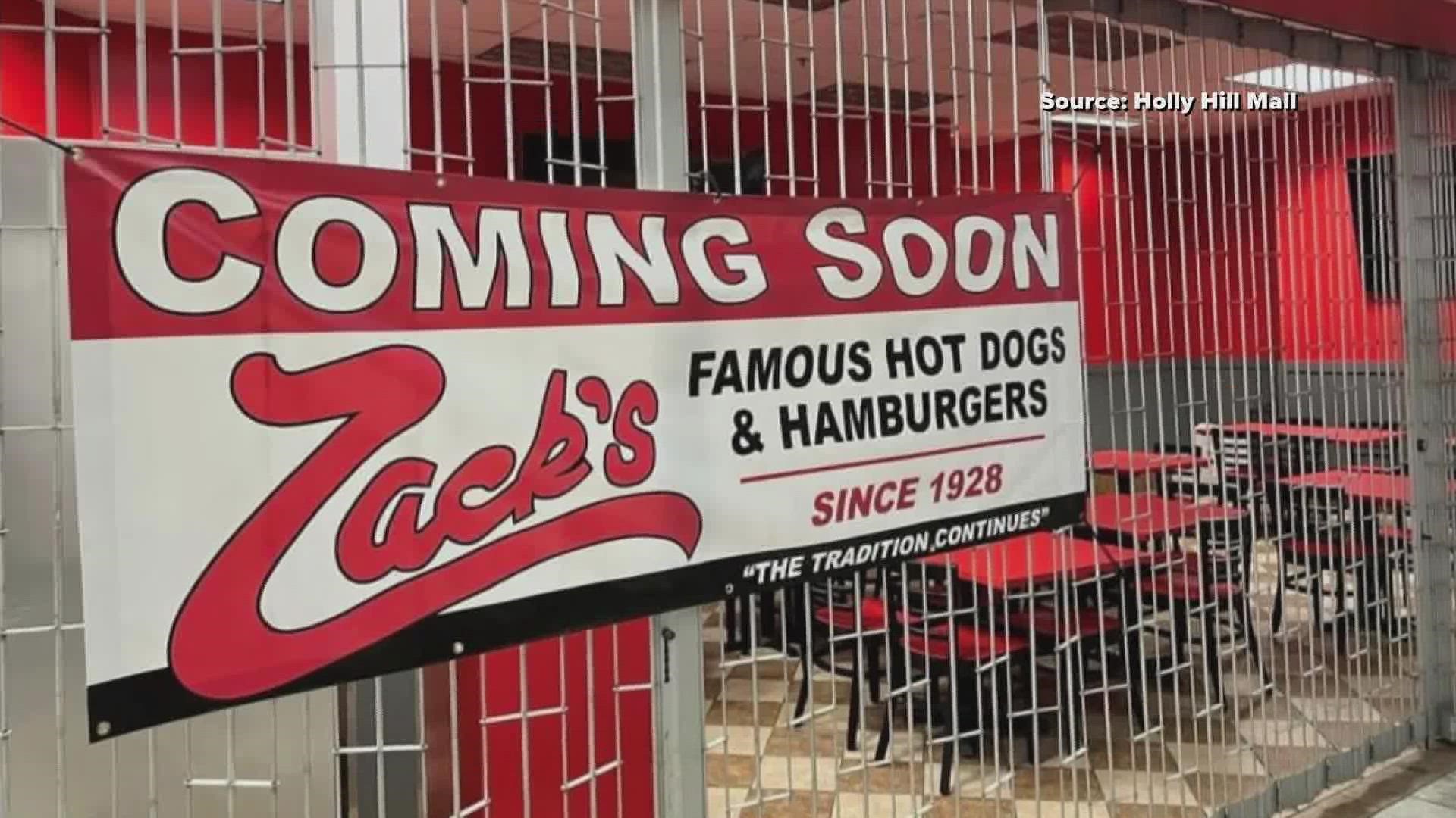 Zack's recently came under new ownership. The group will open a spot in the mall by the end of 2022.