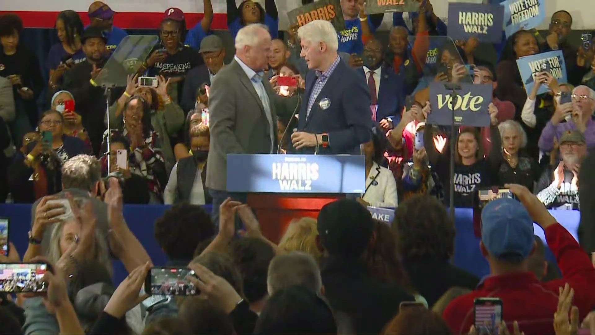 Gov. Walz and former President Bill Clinton speak at campaign rally in Durham as early voting begins in NC.