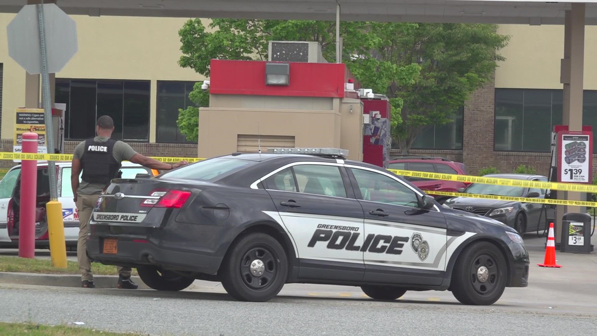 Greensboro police said no one was hurt in a shooting at a gas station on Pyramids Village Boulevard.