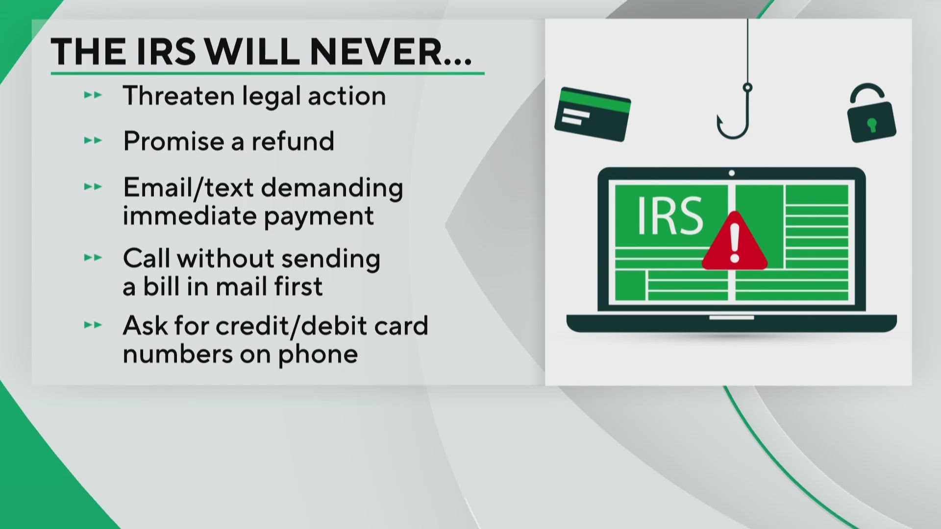 The IRS will never email, text, or call you and demand immediate payment.