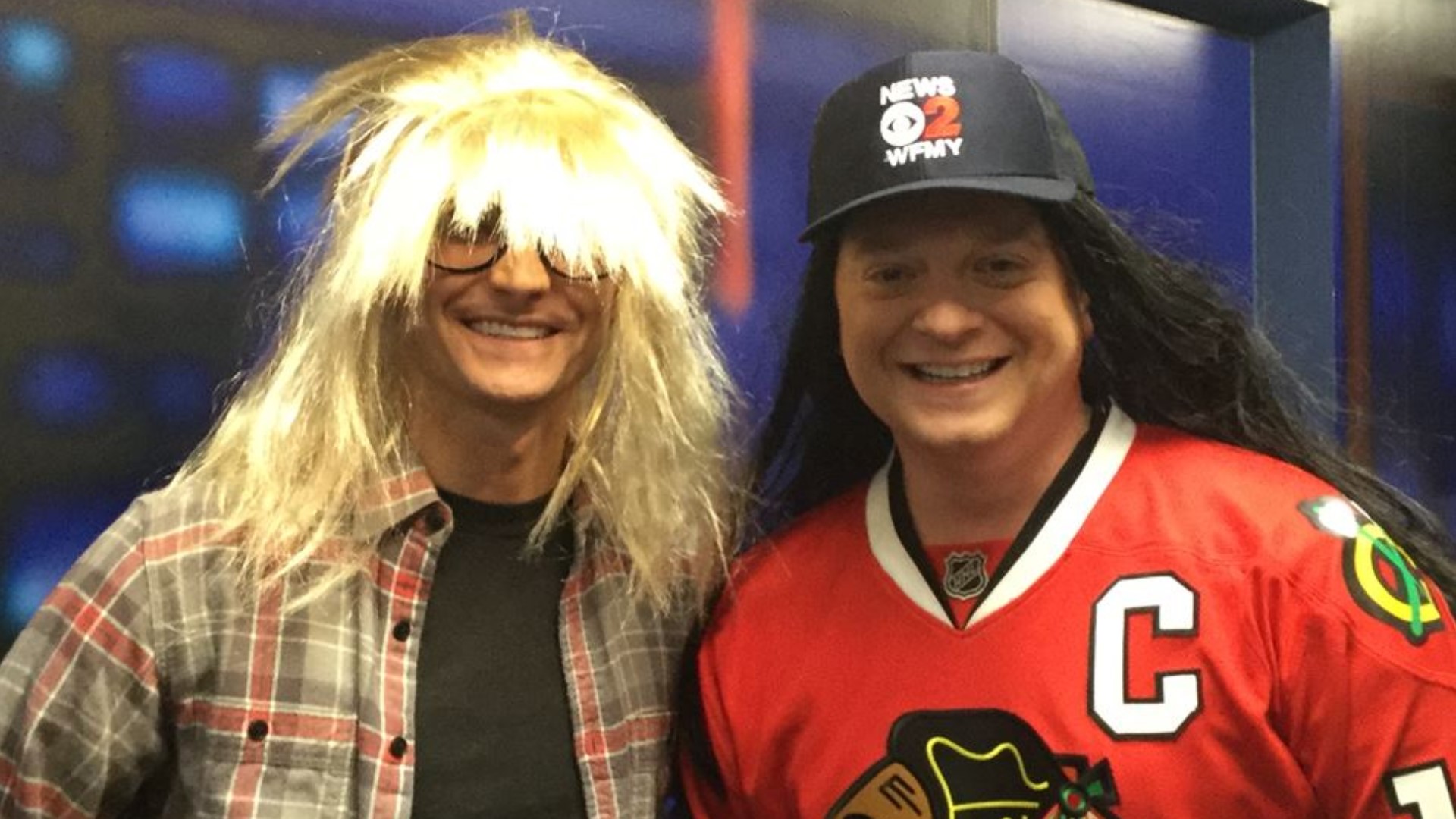 February 2017: WFMY News 2's Chad Silber and former Meteorologist Grant Gilmore dress up as Wayne and Garth from the movie Wayne's World to celebrate it's 25th year.