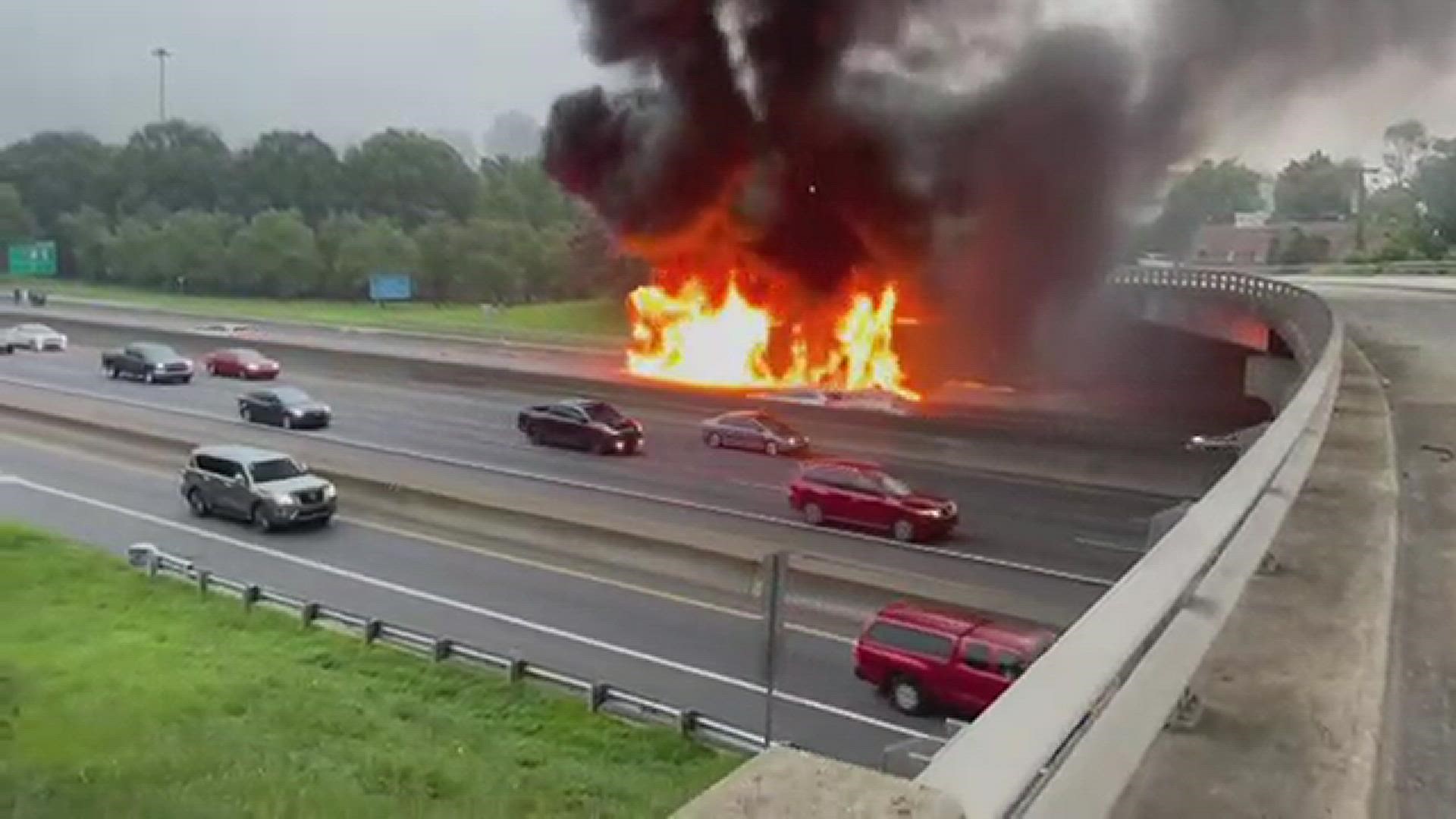 A tractor-trailer crashed and erupted into flames near the John Belk Freeway in Charlotte.