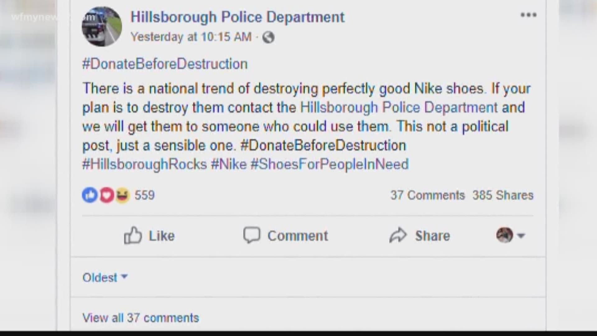 "Instead of making a symbolic statement by burning a new pair of sneakers, why not donate those sneakers so they can be given to a kid or an adult or a homeless person that's never had a new pair of shoes and turn their life around?"  asks Simmons, a Lieutenant with the Hillsborough Police Department.