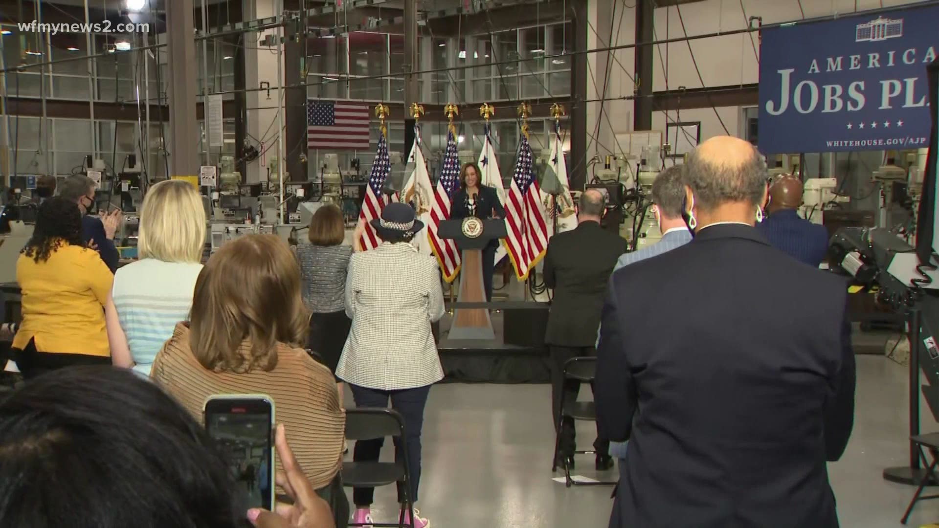 The vice president made stops in Greensboro and High Point to discuss President Biden’s American Jobs Plan.