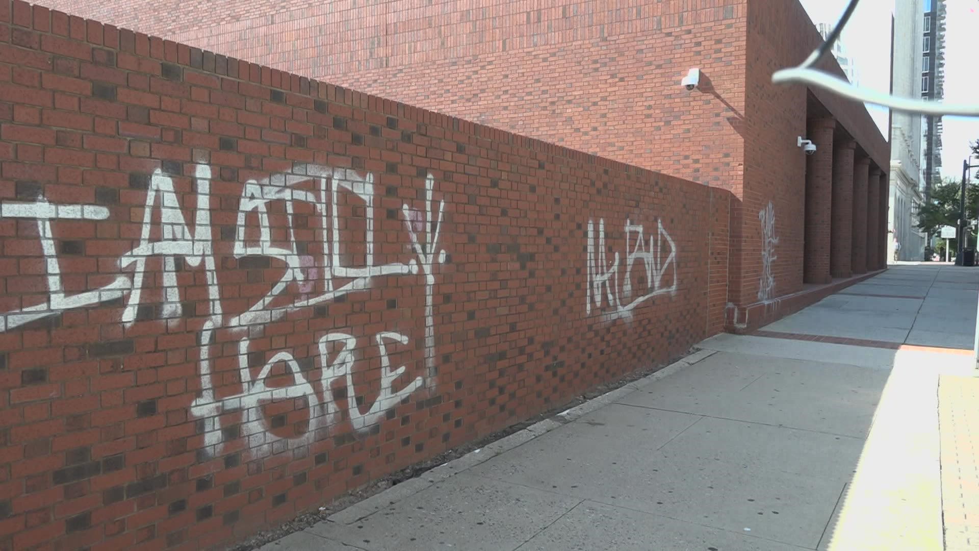 Investigators say nine buildings were vandalized with graffiti early Wednesday morning.